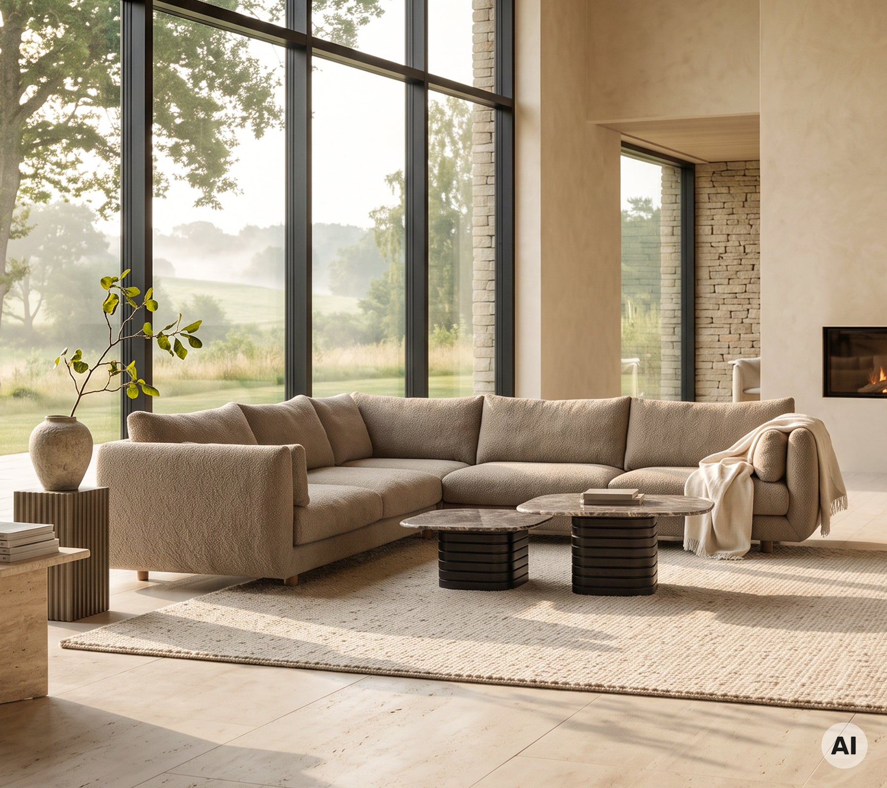 Beiger Ecksofa mit grauem Überwurf, schwarzen Beistelltischen und einer runden Vase in einem modernen Lounge-Ambiente.