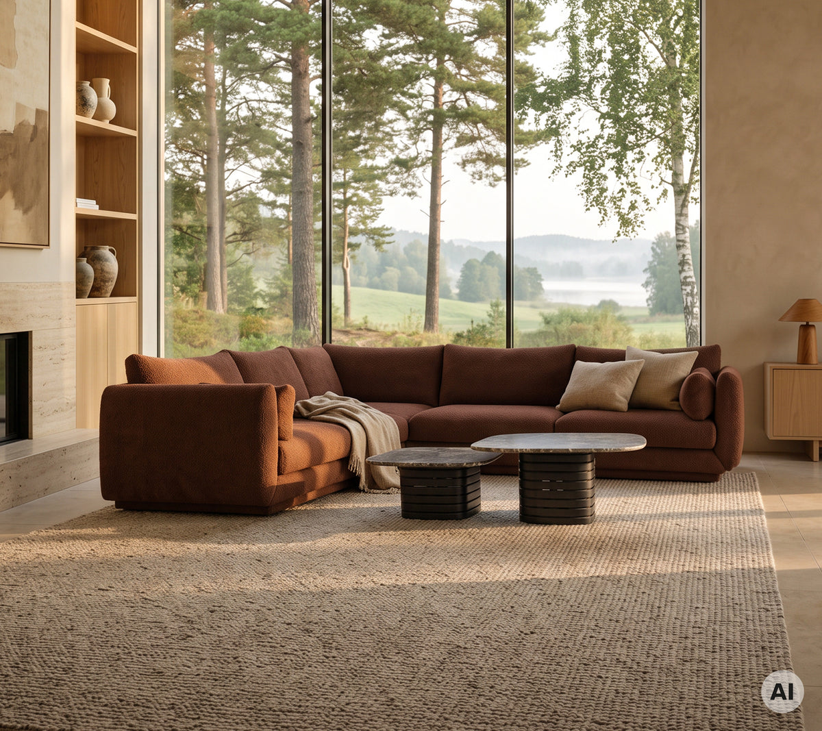Modernes Lounge-Bereich mit einem braunen Sofa, weißem Kissen, rundem Couchtisch und schwarzen Beistelltischen.