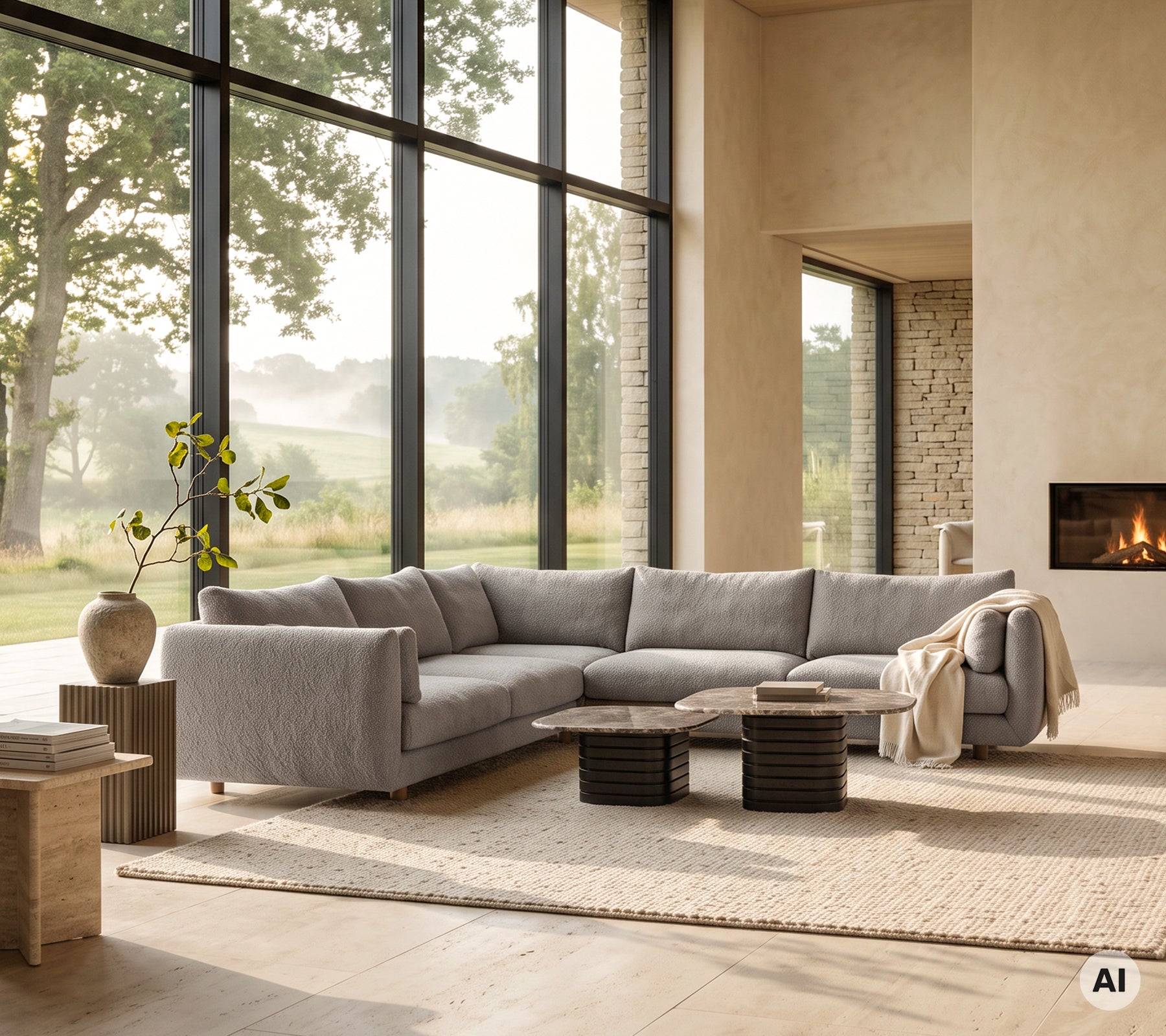 Moderne Lounge mit einem grauen Sectionalsofa, schwarzem Couchtisch und beigem Teppich.