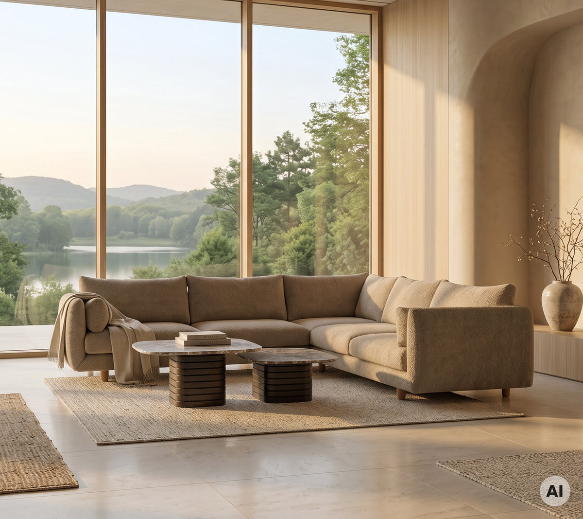 Beige Sectional-Sofa mit einem Couchtisch aus Holz und einem hellen Teppich in einer modernen Lounge-Umgebung.