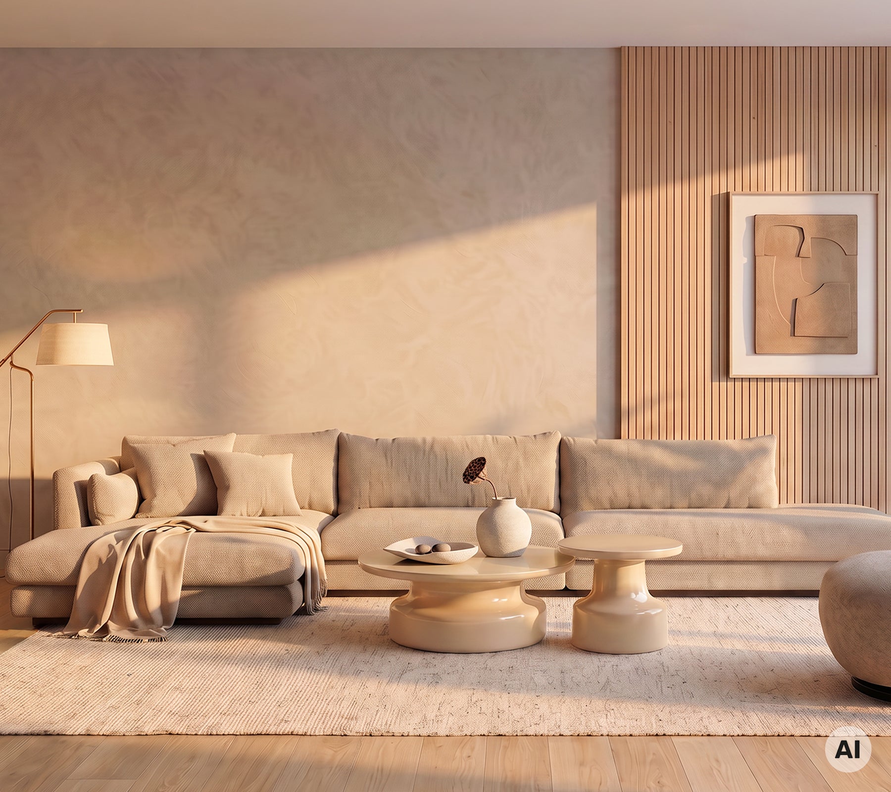 Beige Sofa mit Kissen und einem runden Couchtisch in einem modernen Lounge-Bereich.
