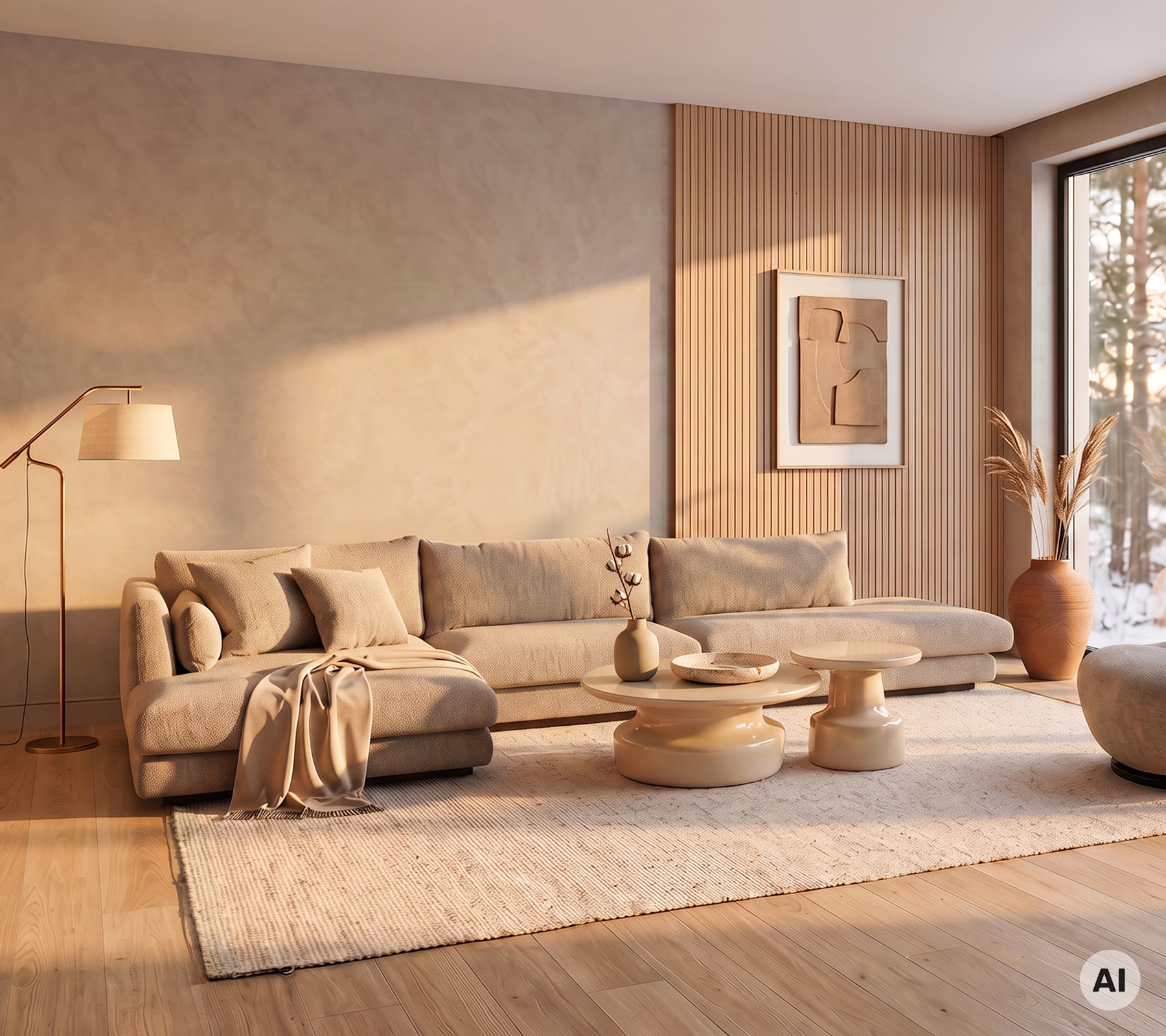 Moderne Lounge mit einem beigen Sofa, einem hellbeigen Teppich, einem Holztisch und einem beigen Pouf.