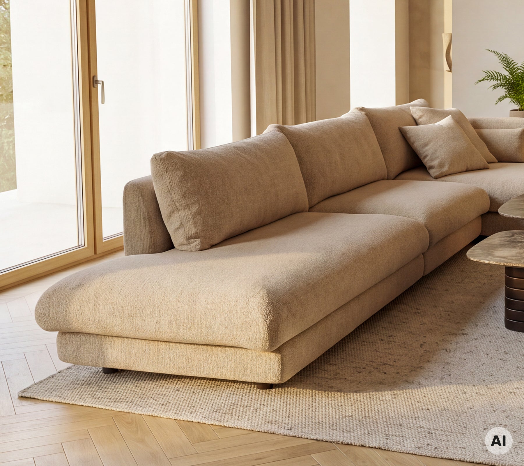 Beige Chaiselong-Sofamodul mit Kissen in einem modernen Lounge-Setting.
