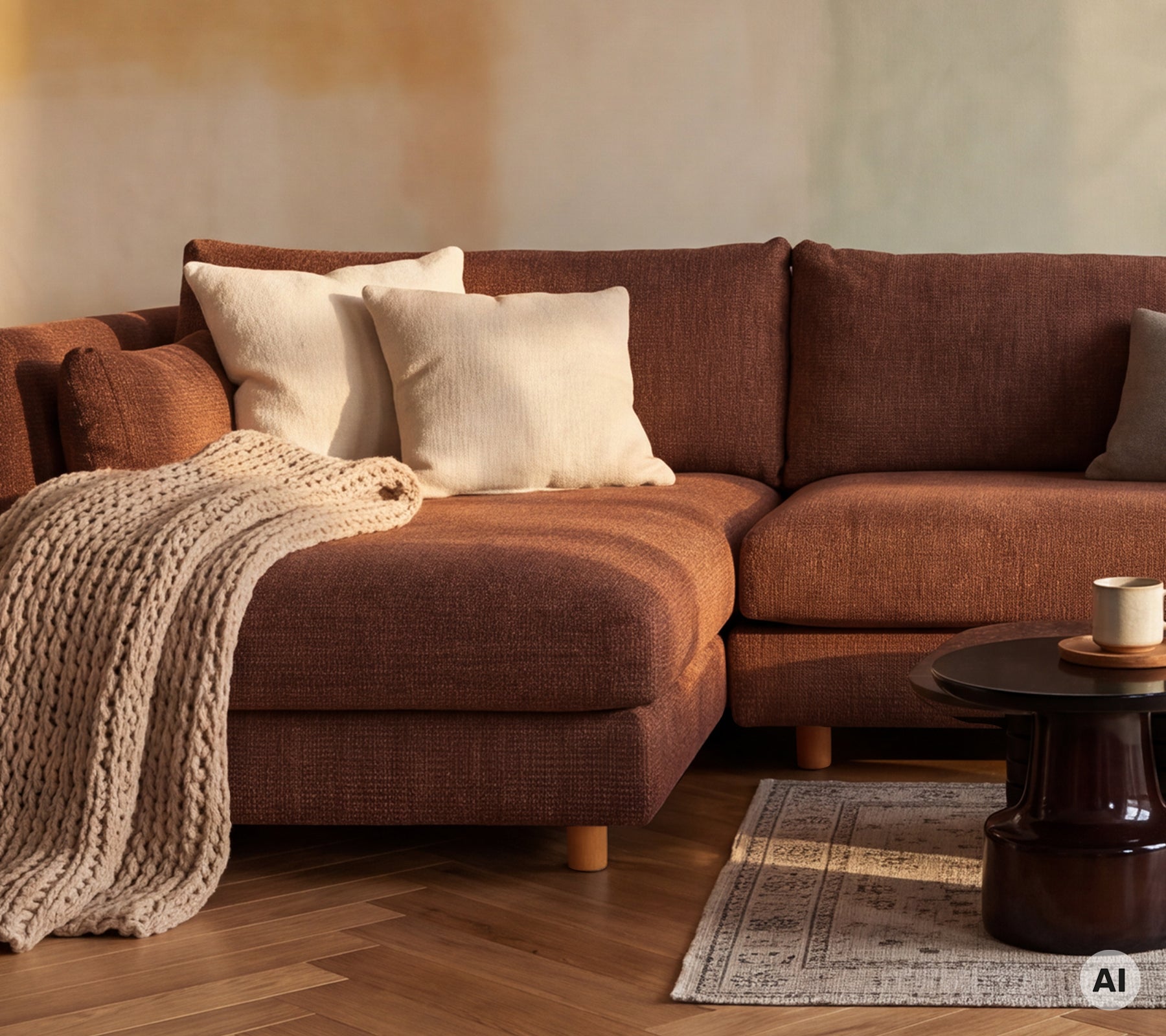 Gemütliches braunes Sofa mit weißen Kissen und einer braunen Decke in einer modernen Lounge-Umgebung.