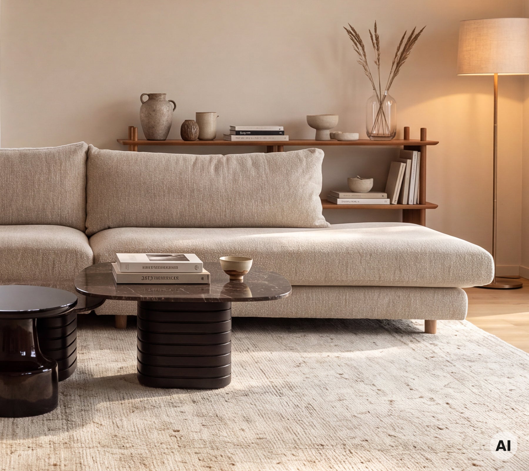 Beige Sofa kombiniert mit einem schwarzen Tisch in einem modernen Lounge-Ambiente.