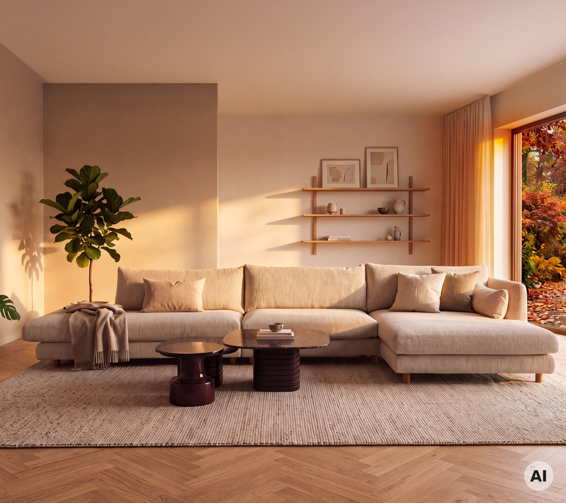 Beige Sofa mit einem runden schwarzen Tisch und einer grünen Pflanze in einem modernen Lounge-Ambiente.