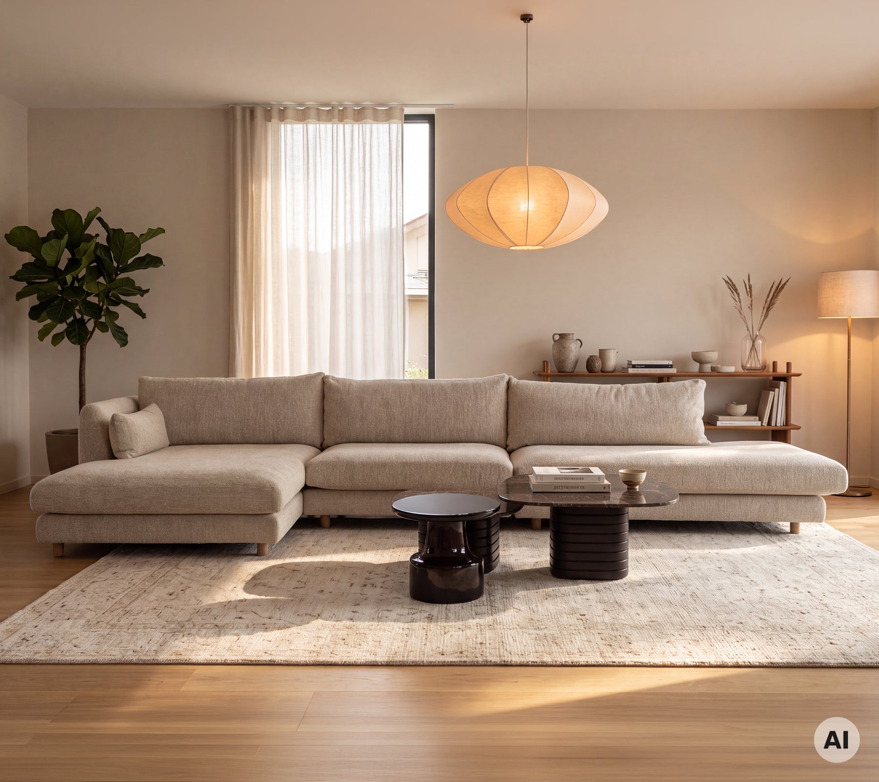 Moderne Lounge mit einem hellen Sofamodul und schwarzen Beistelltischen in einem minimalistischen Setting.