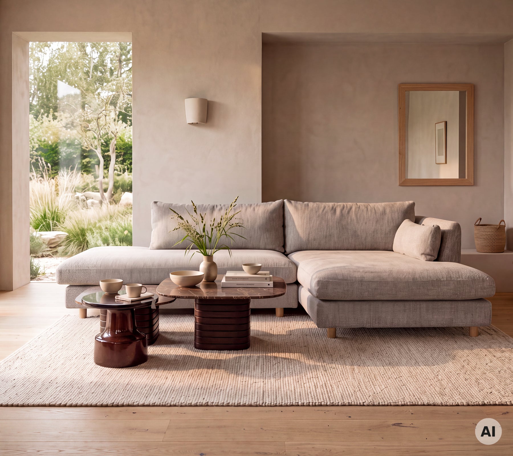 Moderne graue Sofa mit Holztisch und weißer Vase in einem minimalistischen Lounge-Setting.