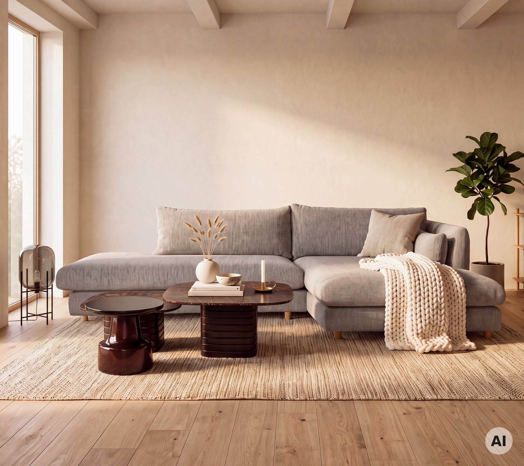 Moderne graues Ecksofa mit einem Holztisch und einer cremefarbenen Decke in einem stilvollen Wohnzimmer.