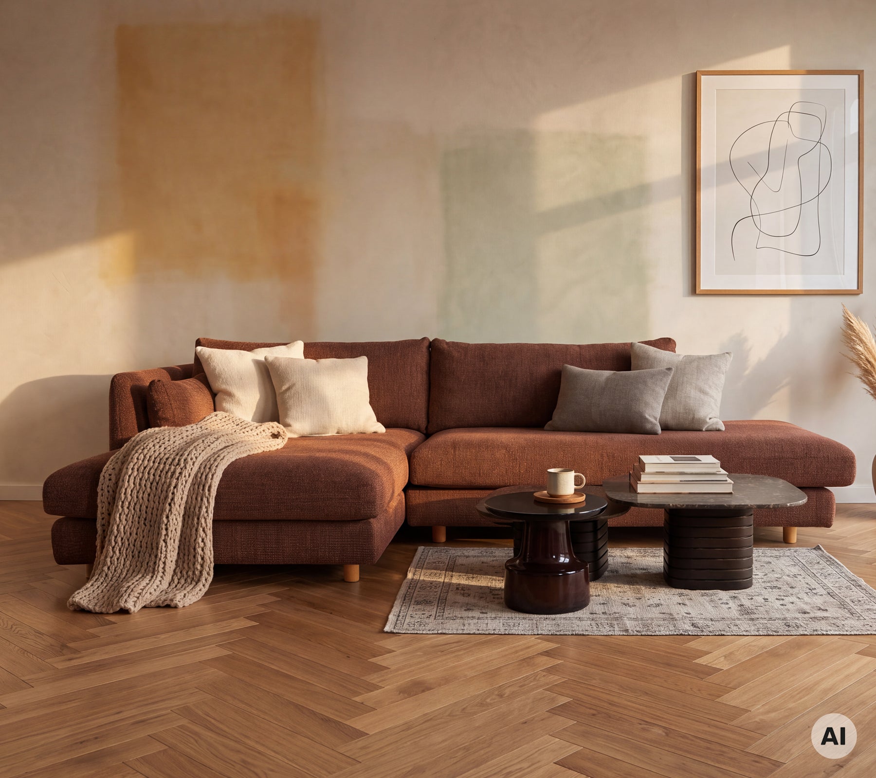 Moderne Lounge mit einem braunen Sofa, grauen Kissen und einem schwarzen Couchtisch.