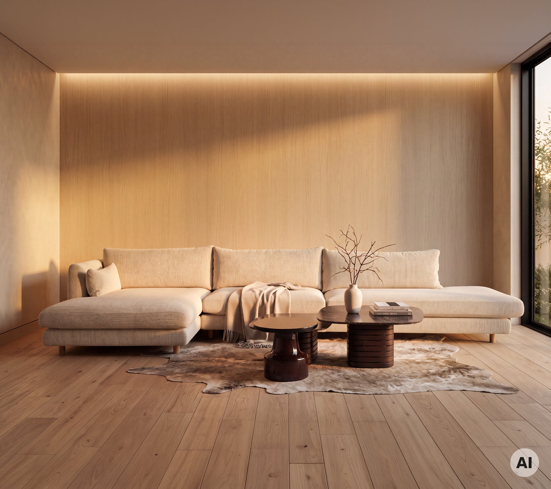 Moderne Loungebereich mit einem cremefarbenen Sofa und einem Holztisch auf einem Teppich.
