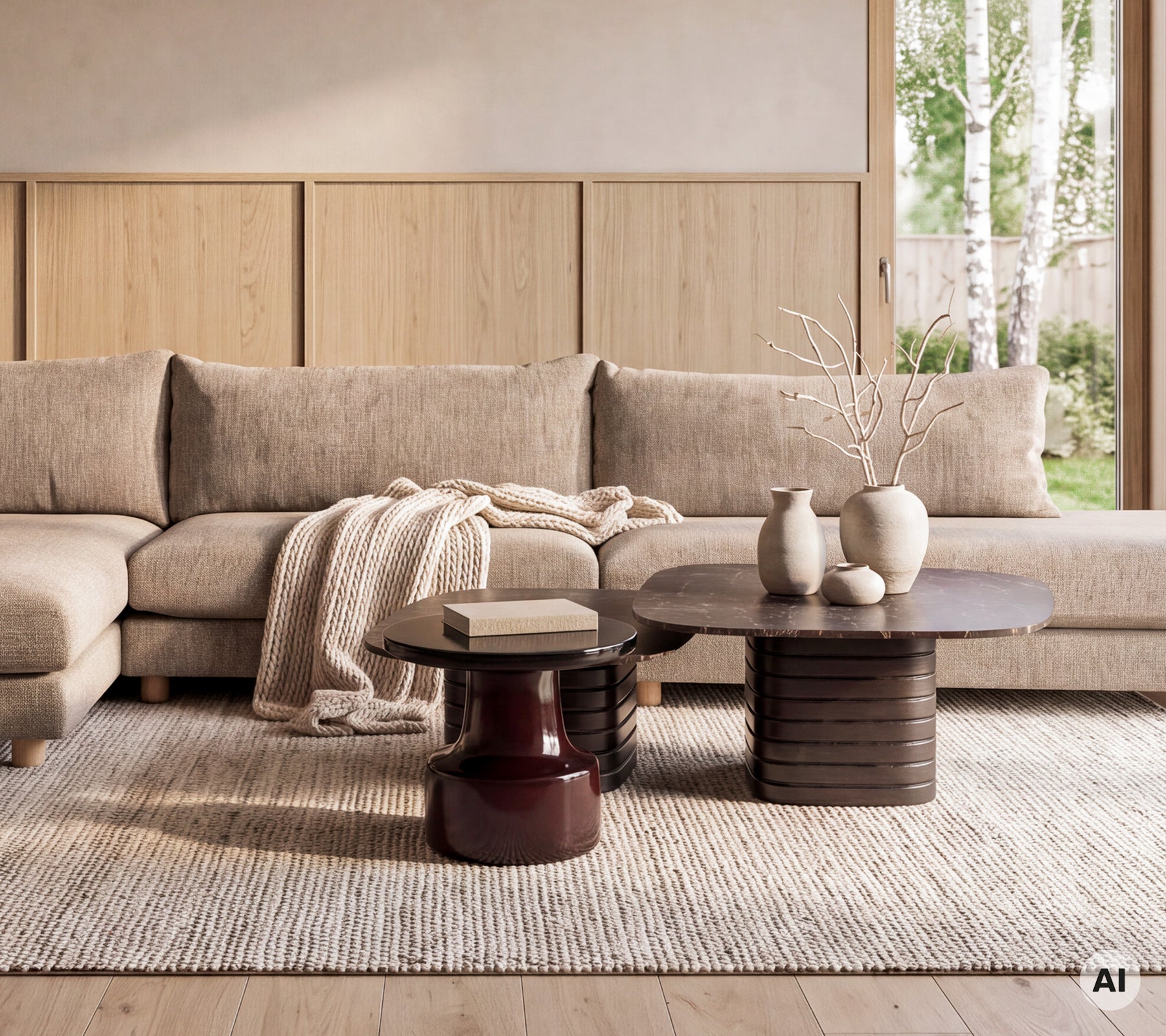 Moderne Lounge-Bereich mit einem beigen Sofa, braunen und roten runden Tischen mit dekorativen Vasen.