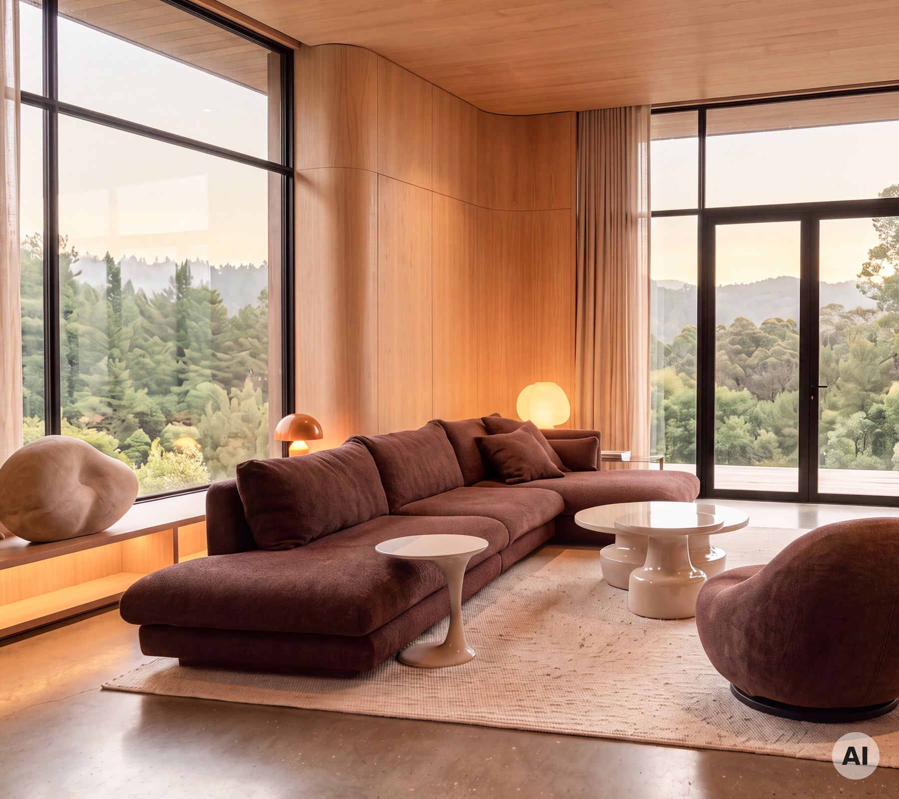 Moderne Lounge mit einem lila Sofa, einem weißen Beistelltisch und einem runden Stuhl mit großen Fenstern.