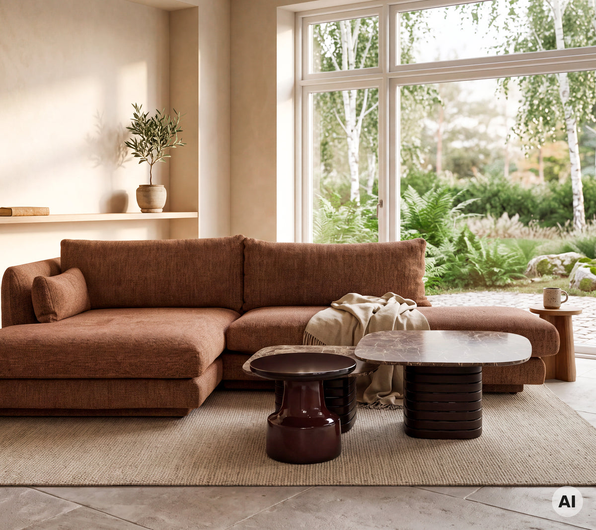 Moderne Lounge mit einem braunen Sectionalsofa, einem hellen Holztisch und einem dunkelroten Hocker.