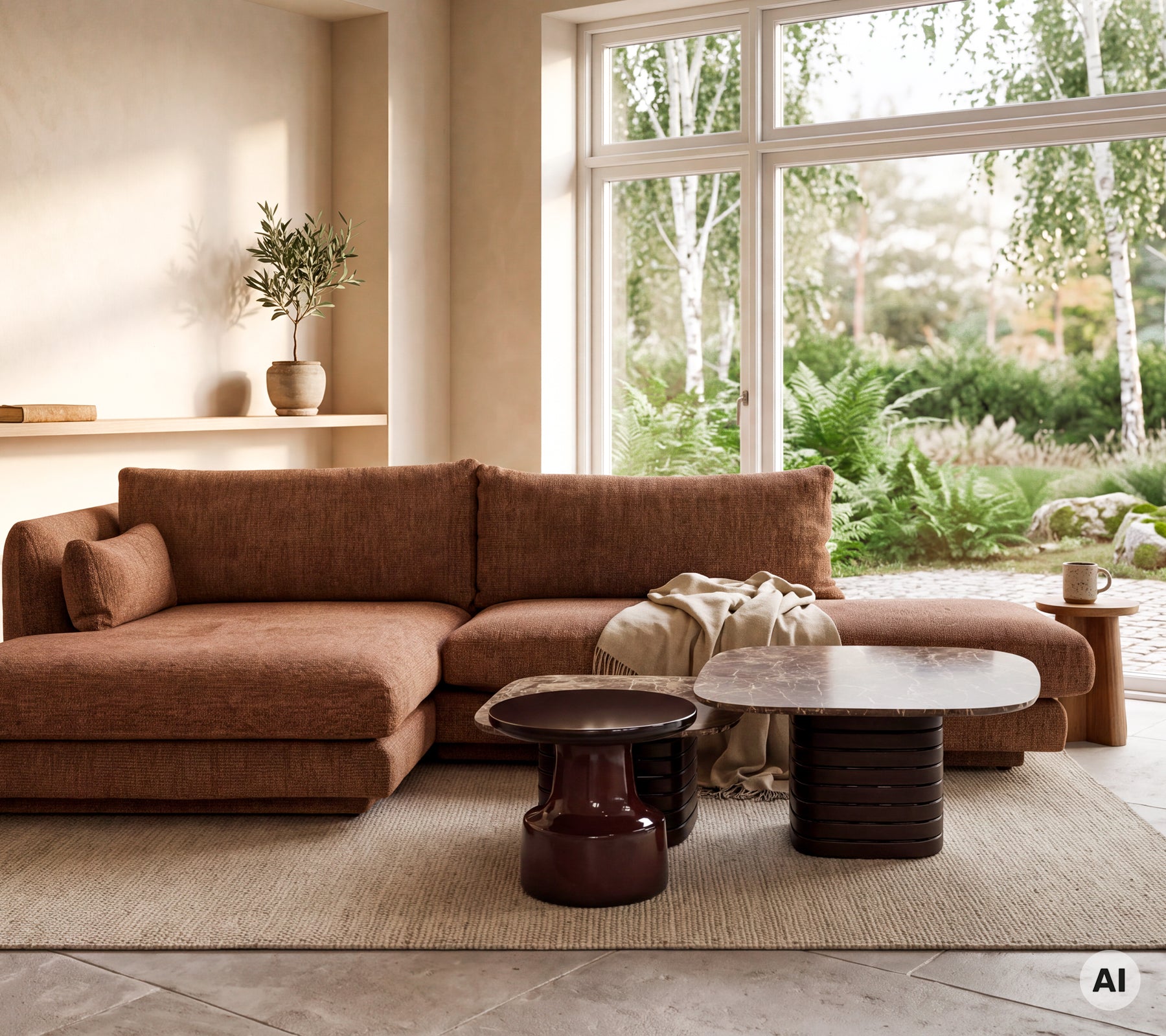 Moderne Lounge mit einem braunen Sectionalsofa, einem hellen Holztisch und einem dunkelroten Hocker.
