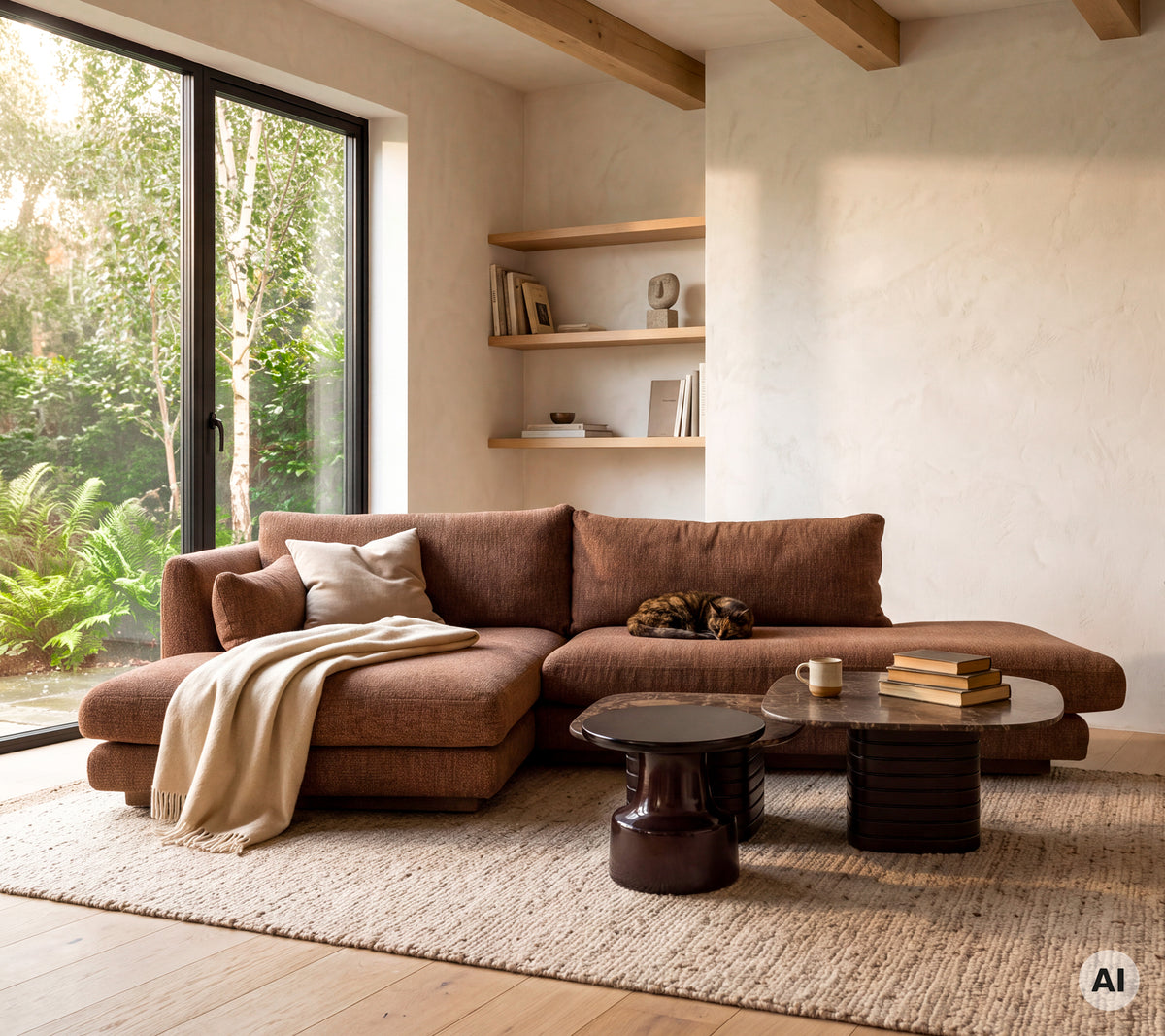 Braunes Ecksofa mit einer weißen Decke und einem schwarzen Beistelltisch in einem modernen Wohnzimmer.