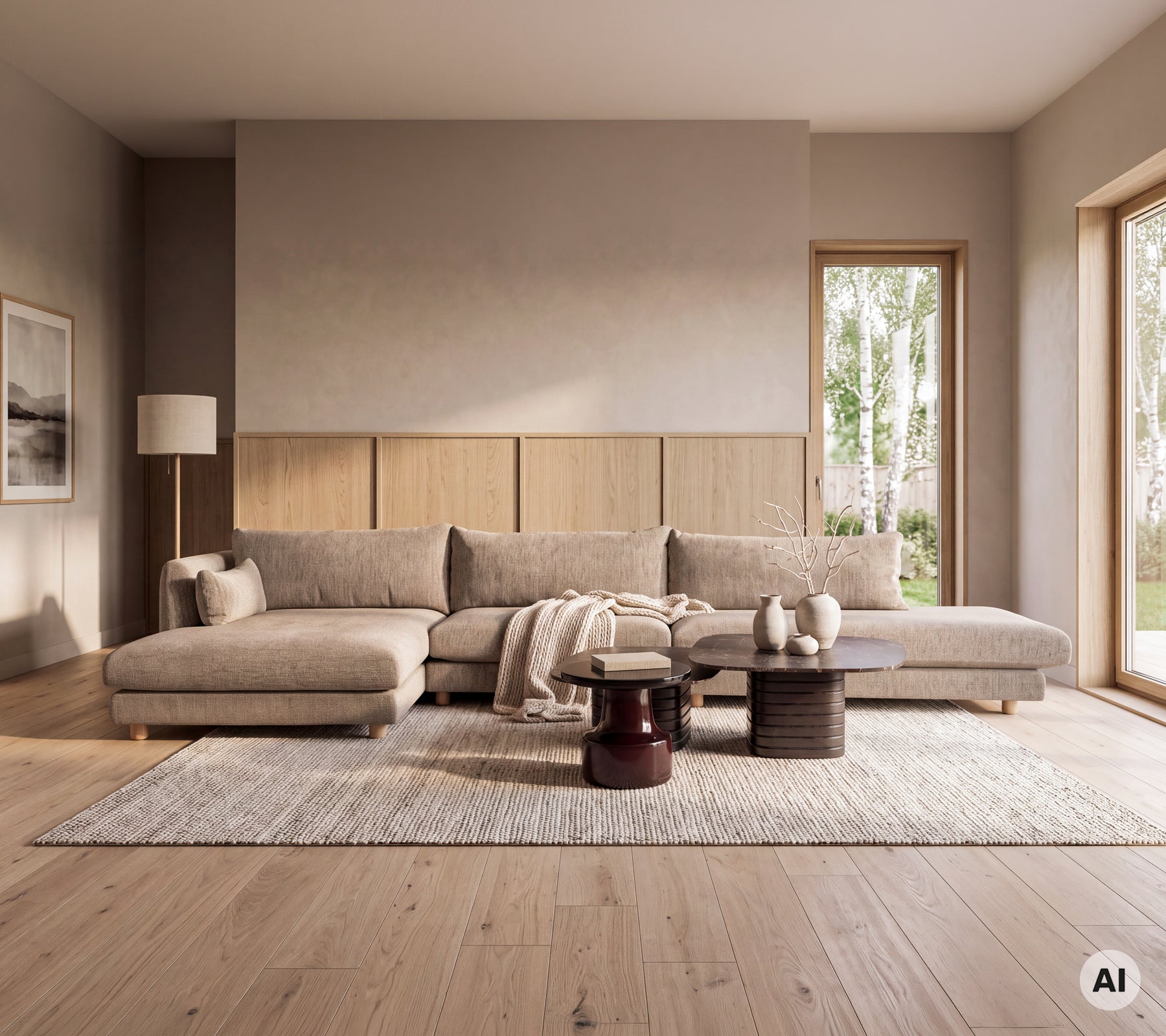 Moderne Lounge mit einem Sofa, einem Holztisch und einem Teppich in einem minimalistischen Umfeld.