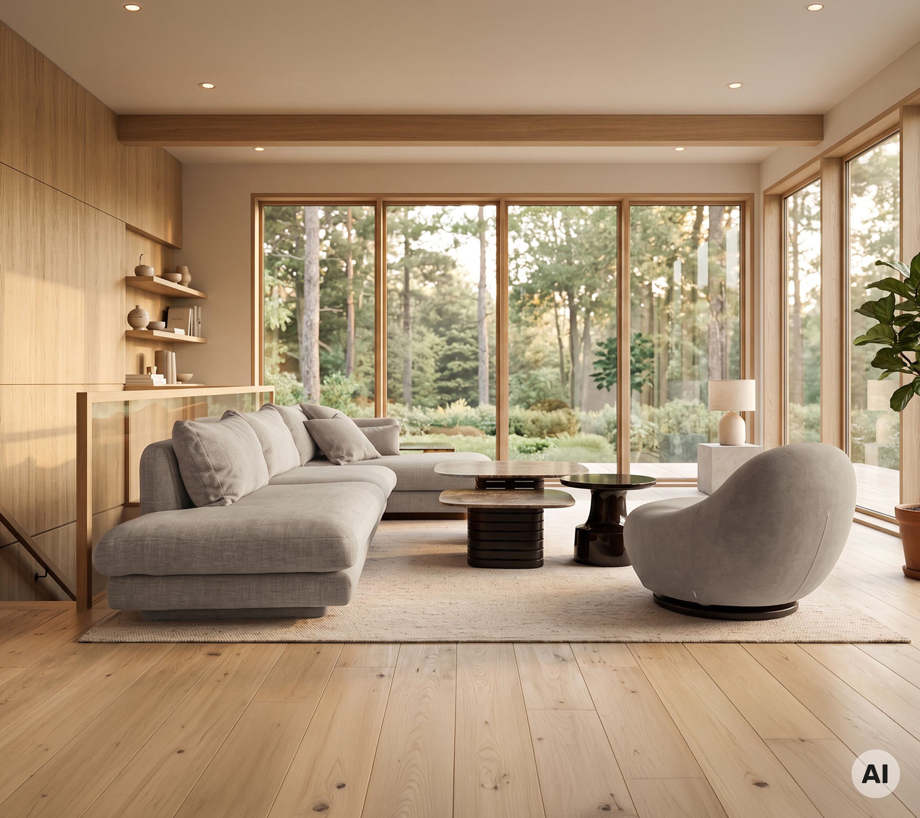 Moderne Lounge mit grauem Ecksofa, schwarzem Couchtisch und weißem Sessel.