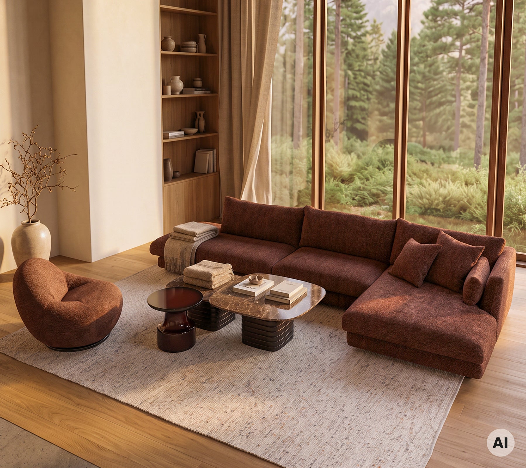 Gemütliche Lounge-Atmosphäre mit einem braunen Chaiselongue-Sofa, einem Akzentstuhl und einem runden Couchtisch.