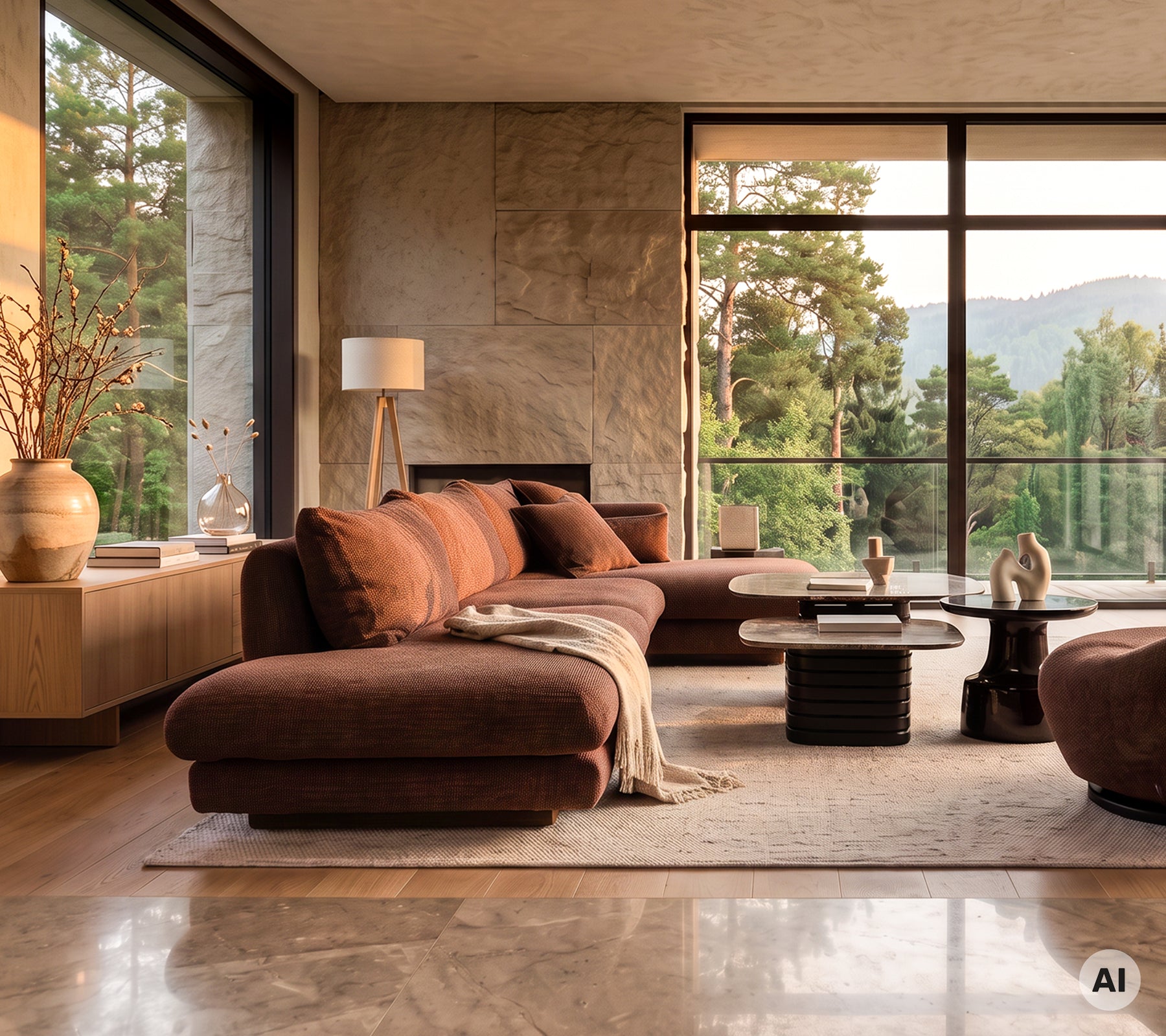Moderne Lounge mit einem braunen Sofa und einem stilvollen Couchtisch.