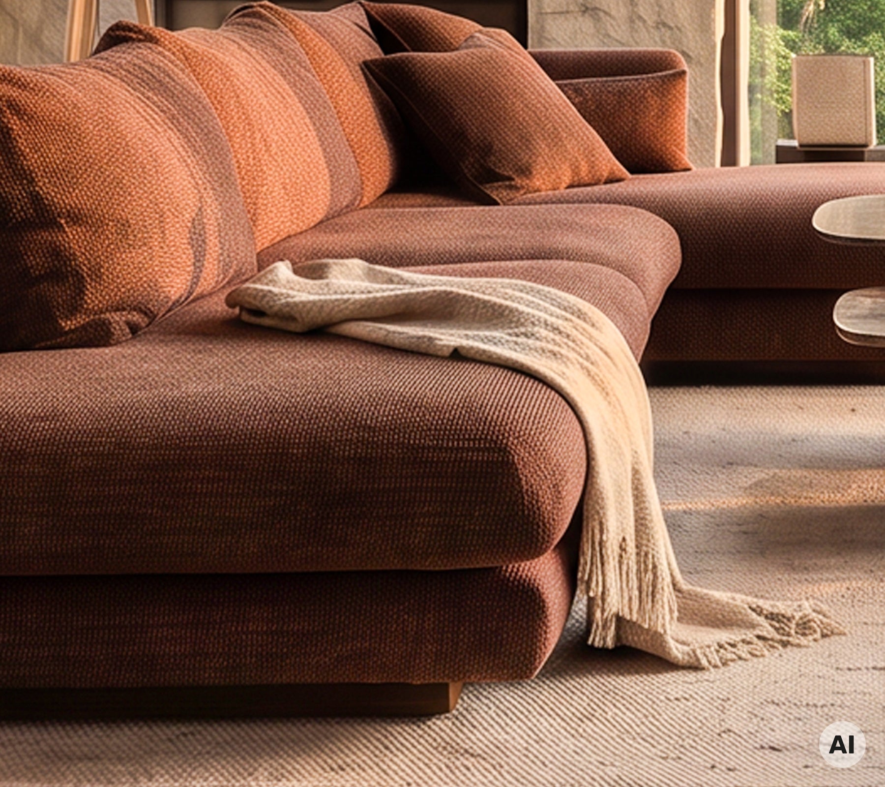 Moderne braunes Sofa mit Kissen und einer Decke in einem gemütlichen Lounge-Ambiente.
