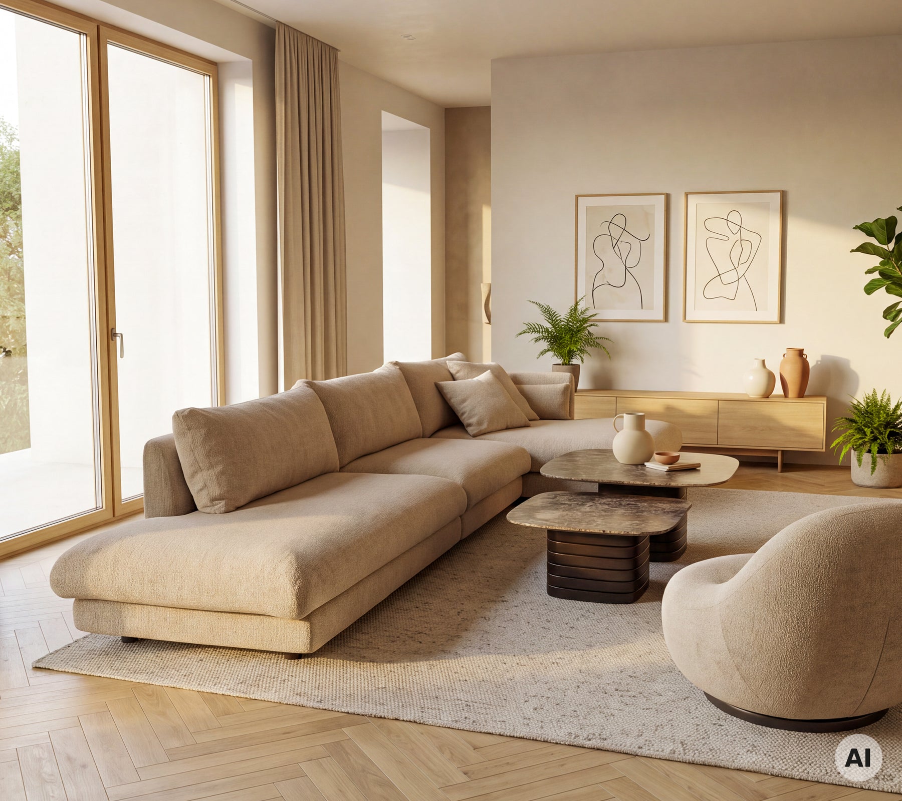 Beige Sofa und Sessel mit einem runden Couchtisch in einem modernen Lounge-Ambiente.