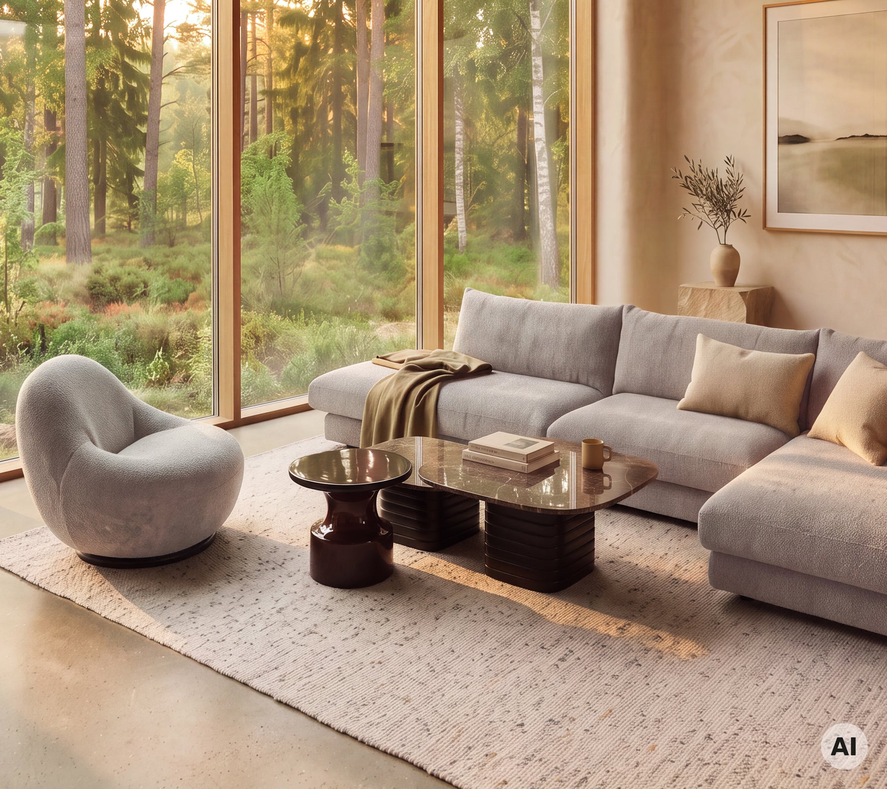 Moderner Loungebereich mit einem grauen Sofa, beigen Kissen, einem runden Couchtisch und einem geschwungenen Stuhl.