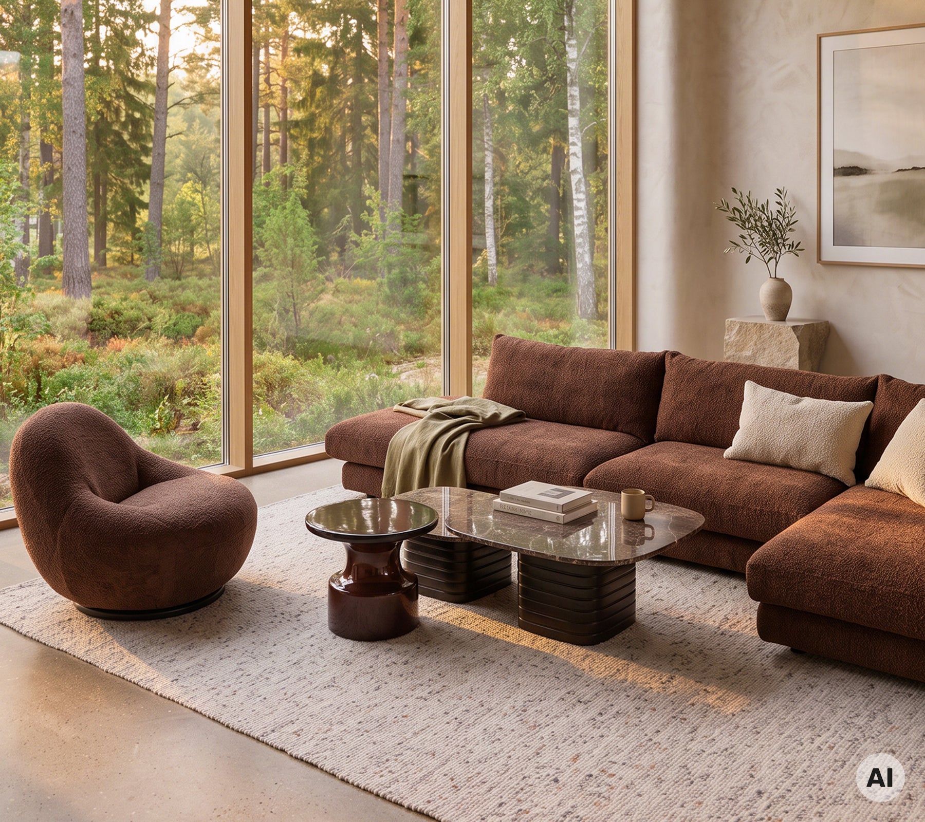 Moderne Lounge mit einem braunen Sofa, einem braunen Stuhl und einem Glastisch.