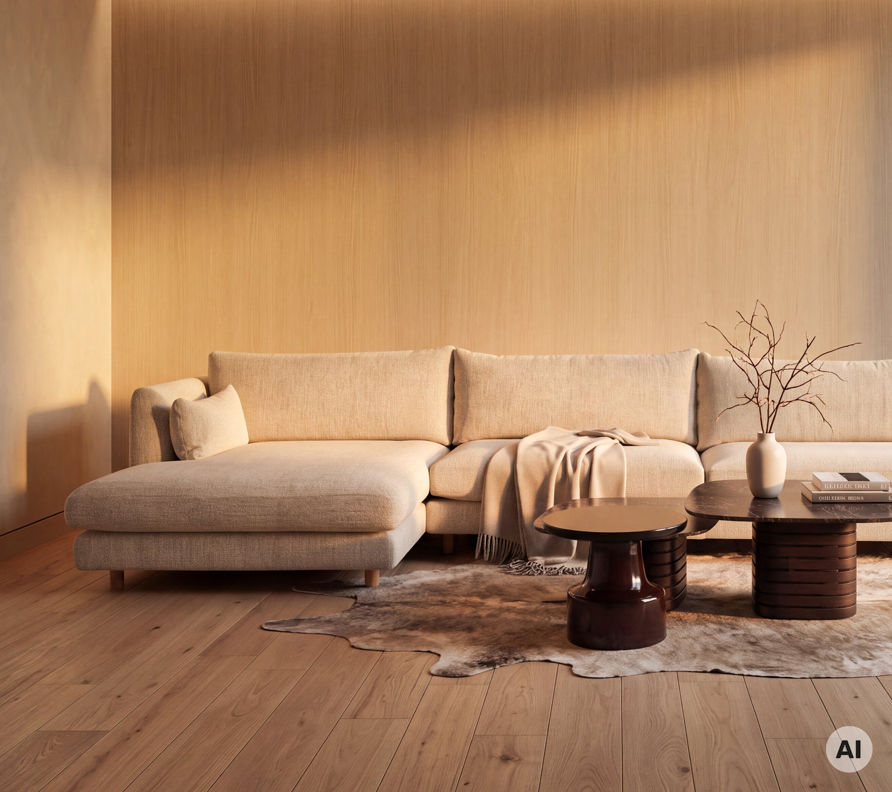 Modernes Wohnzimmer mit einem hellen Sofamodul und einem runden Holztisch.