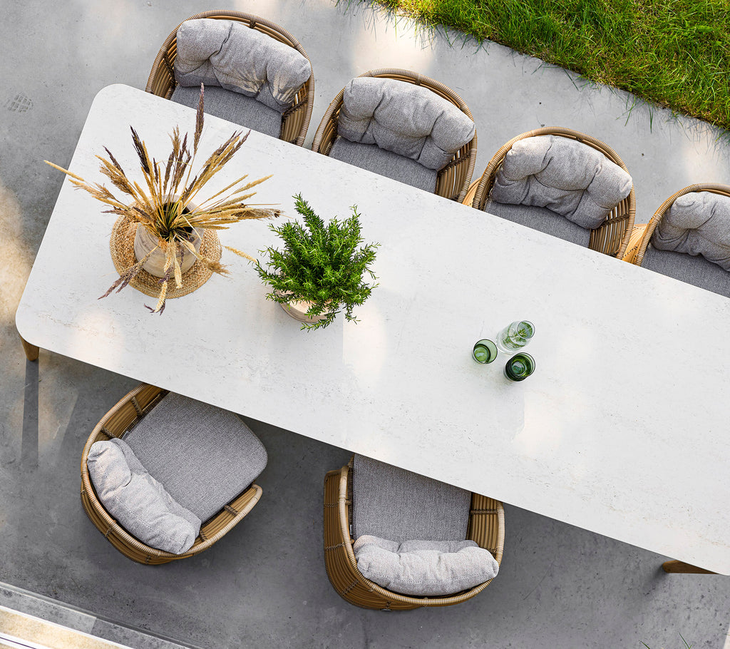 Ein langer, eleganter Tisch umgeben von stilvollen Stühlen, geschmückt mit einer dekorativen Pflanze und Glasflaschen darauf.