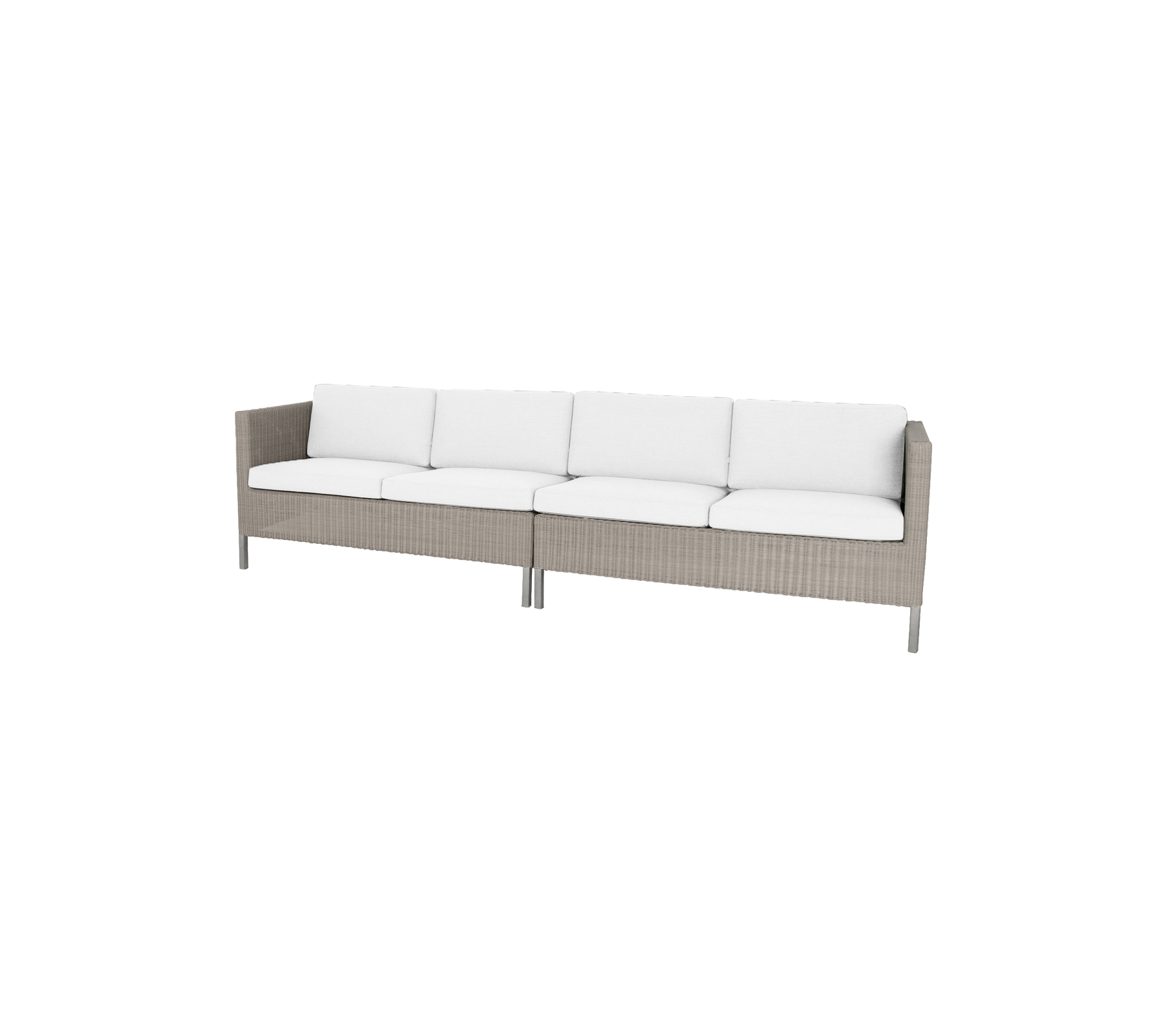 Stilvolle Sofa mit einem geflochtenen Gestell und plüschigen weißen Kissen, perfekt zur Verschönerung eines Essbereichs.