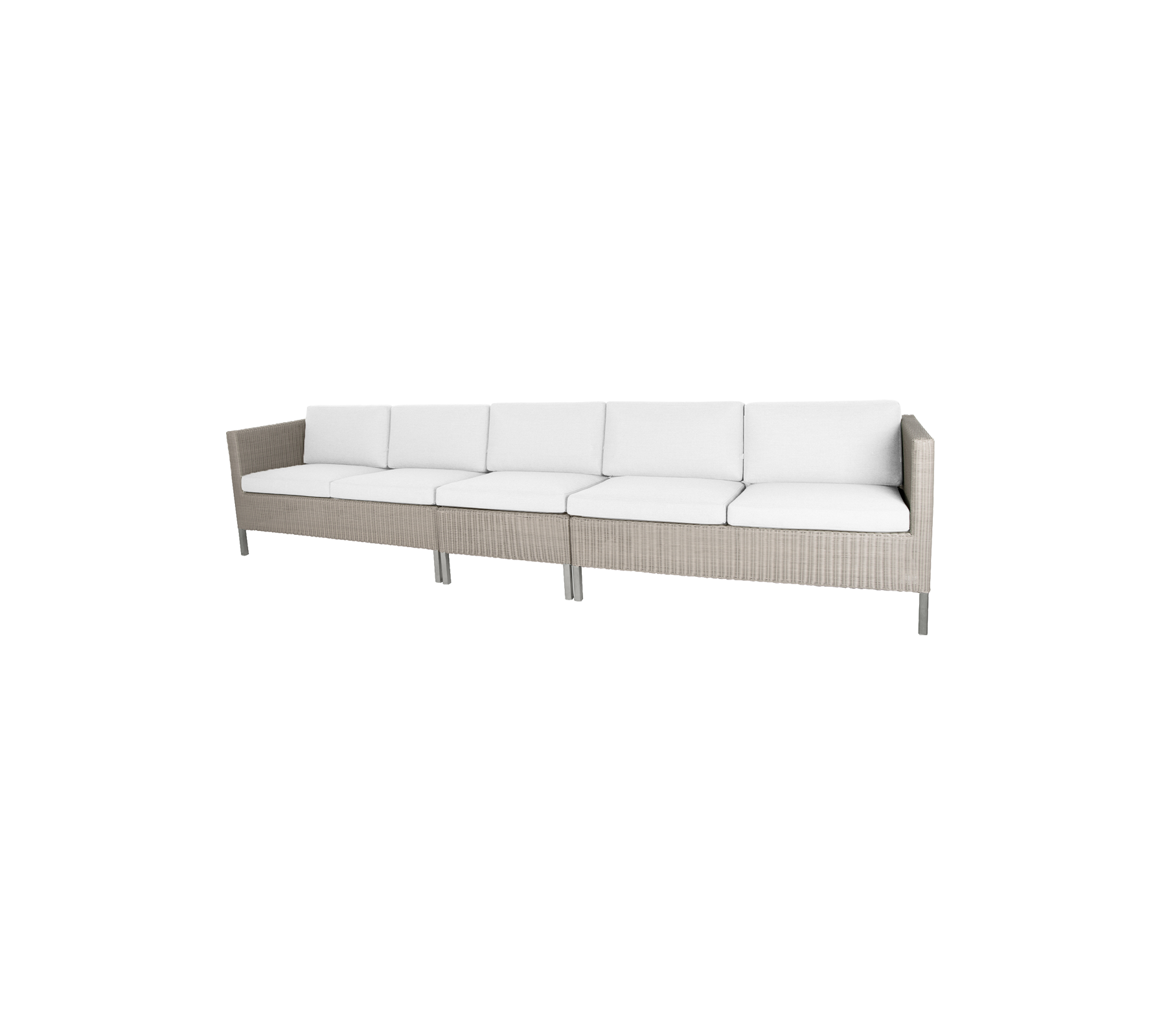 Elegantes modulares Sofa mit einem hellbeigen Rahmen und plüschigen weißen Kissen, perfekt zum Essen oder Entspannen.