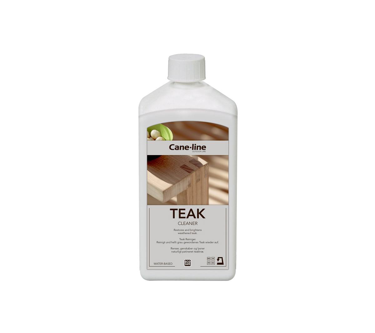 Flasche Teaköl für die Holzpflege mit einem Etikett für Produktinformationen und Anwendungshinweisen.