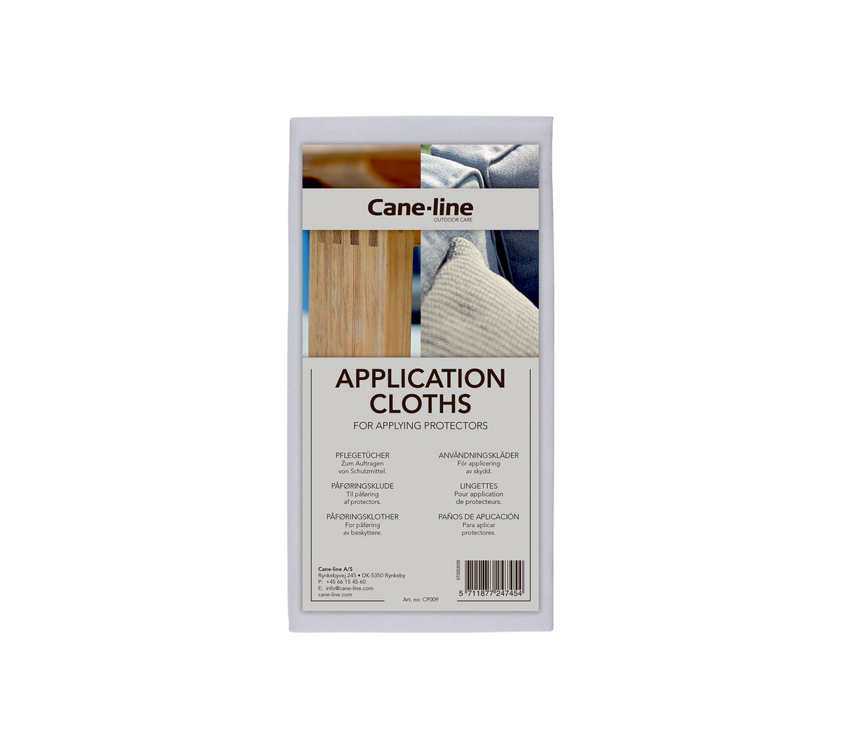 Cane-line Applikationstücher zum Oberflächenschutz, mit Anweisungen und Nutzungsdetails auf der Verpackung.