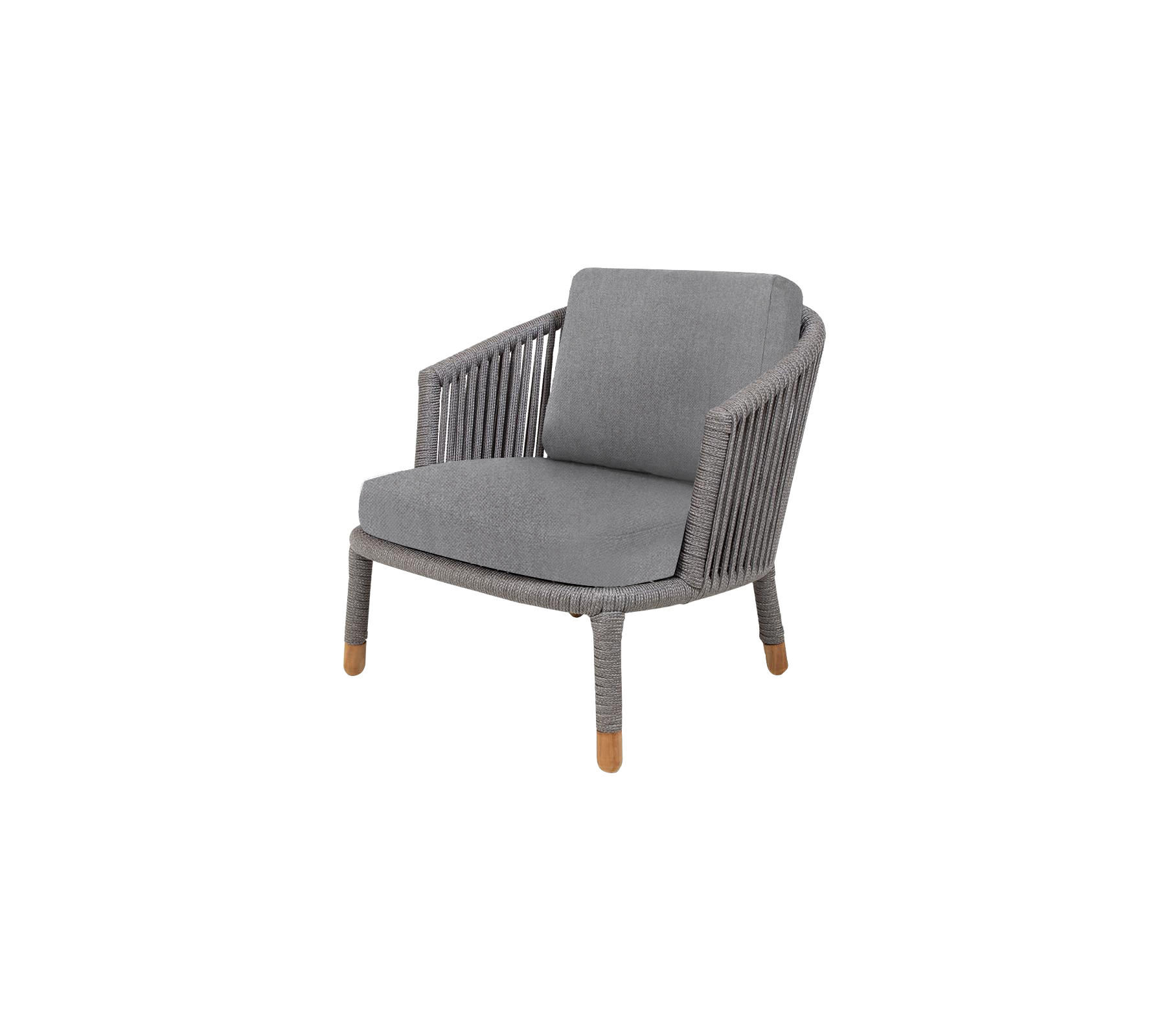 Stylischer grauer Stuhl mit einem gewebten Design und weichem Kissen, ausgestattet mit Holzbeinen für zusätzlichen Eleganz und Komfort. Ideal zur Entspannung.