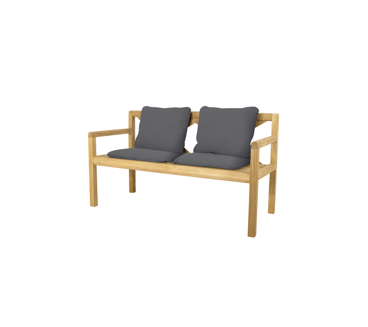 Elegante Zwei-Personen-Bank mit einem natürlichen Holzgestell und weichen grauen Kissen für Komfort. Perfekt zum Entspannen oder Geselligkeit.