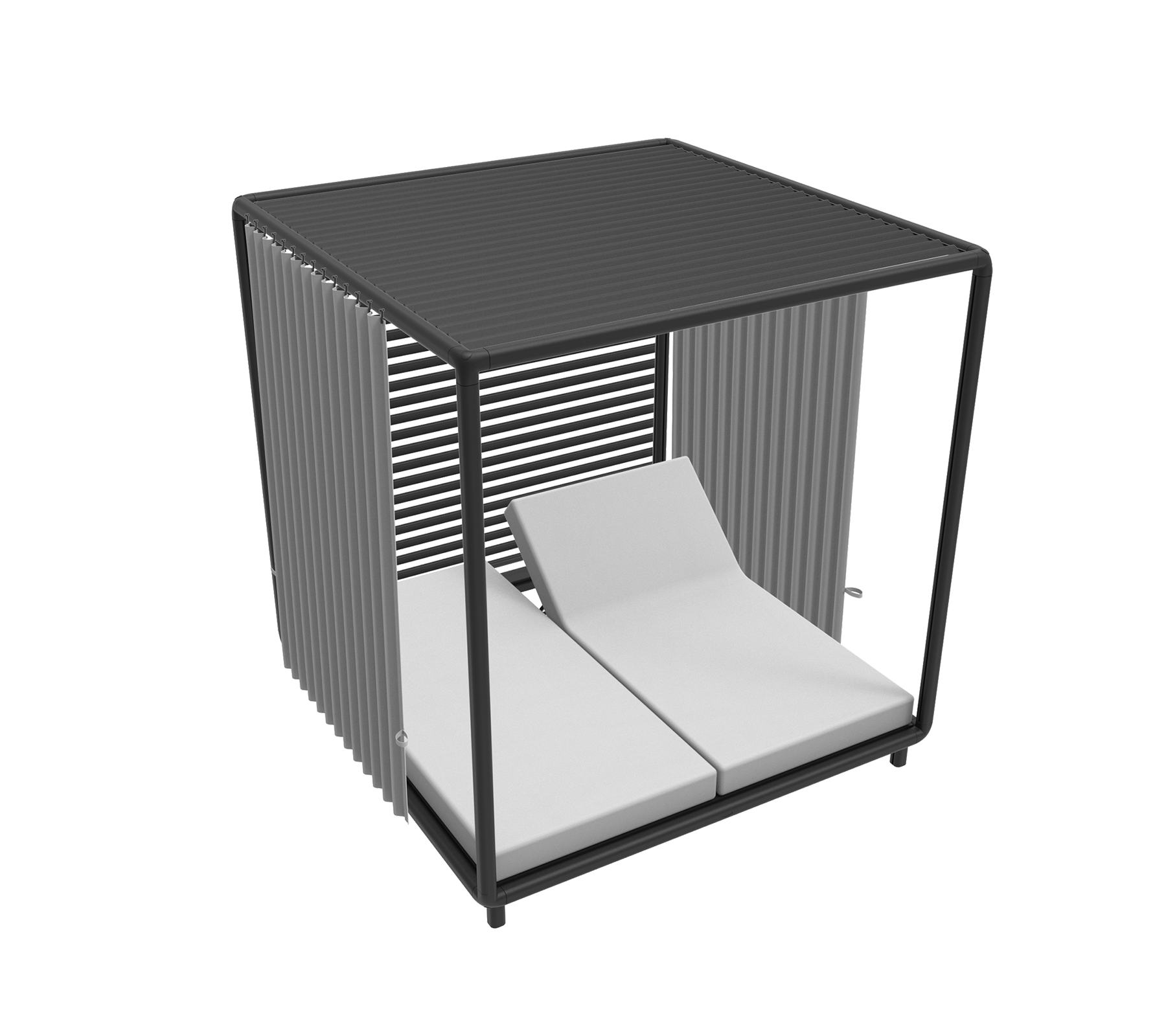 Stylische Cabana mit modernem Design, featuring zwei gepolsterte Liegen und schlanken vertikalen Latten für einen zeitgemäßen Look.