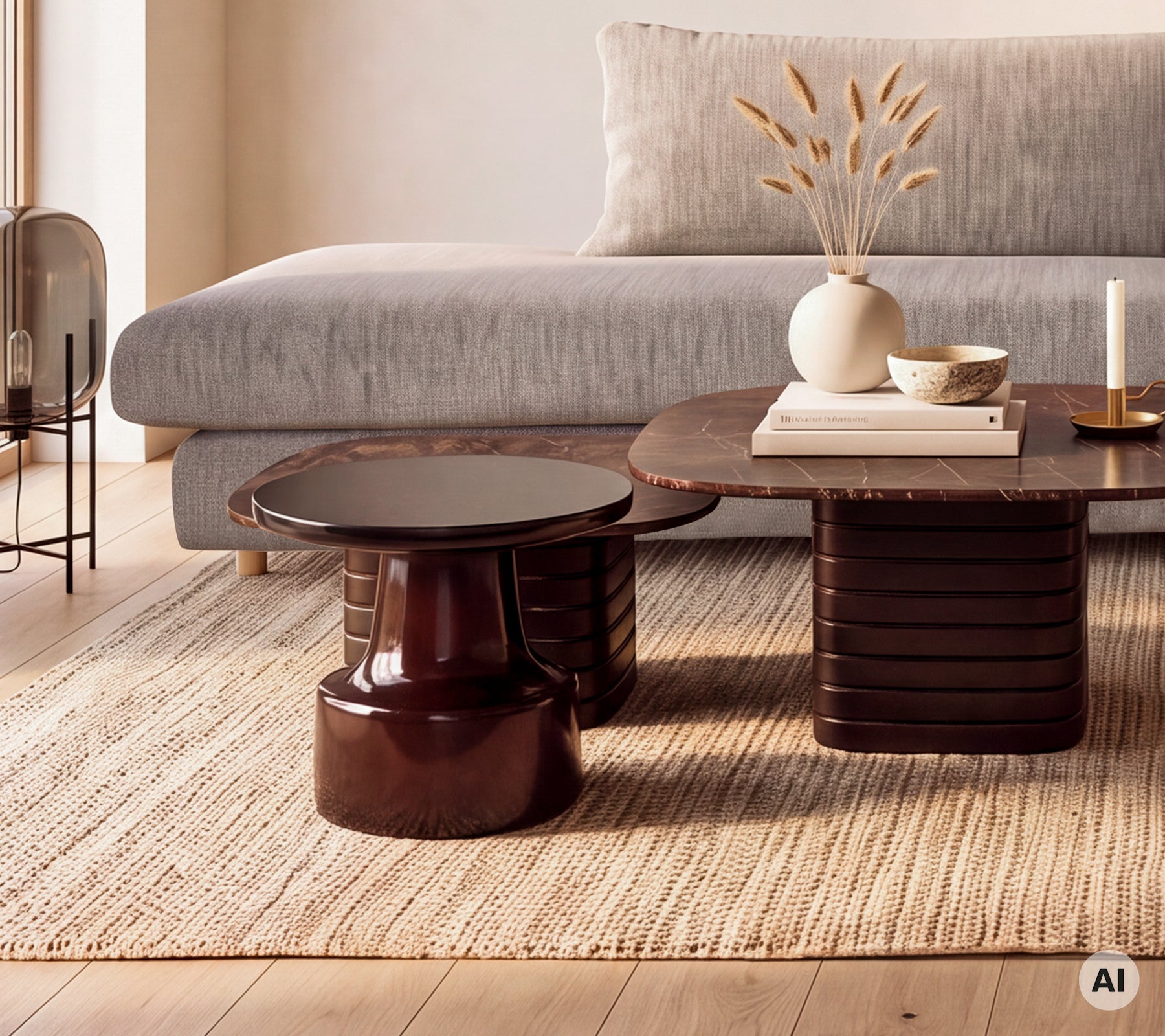 Graues Sofa mit braunem Couchtisch und schwarzem Beistelltisch in einem modernen Lounge-Ambiente.