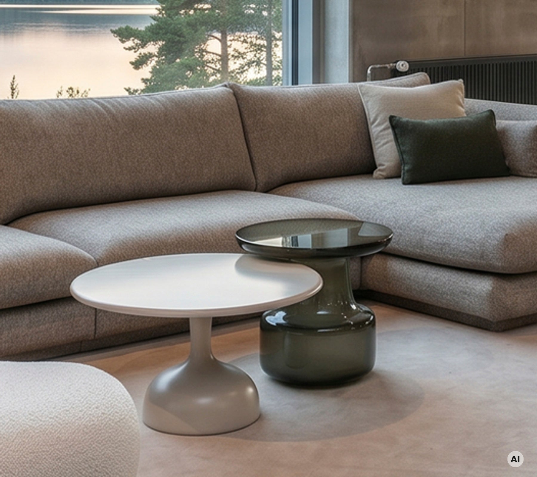 Moderne Lounge mit einem grauen Sofa und weißen und grünen Tischen.