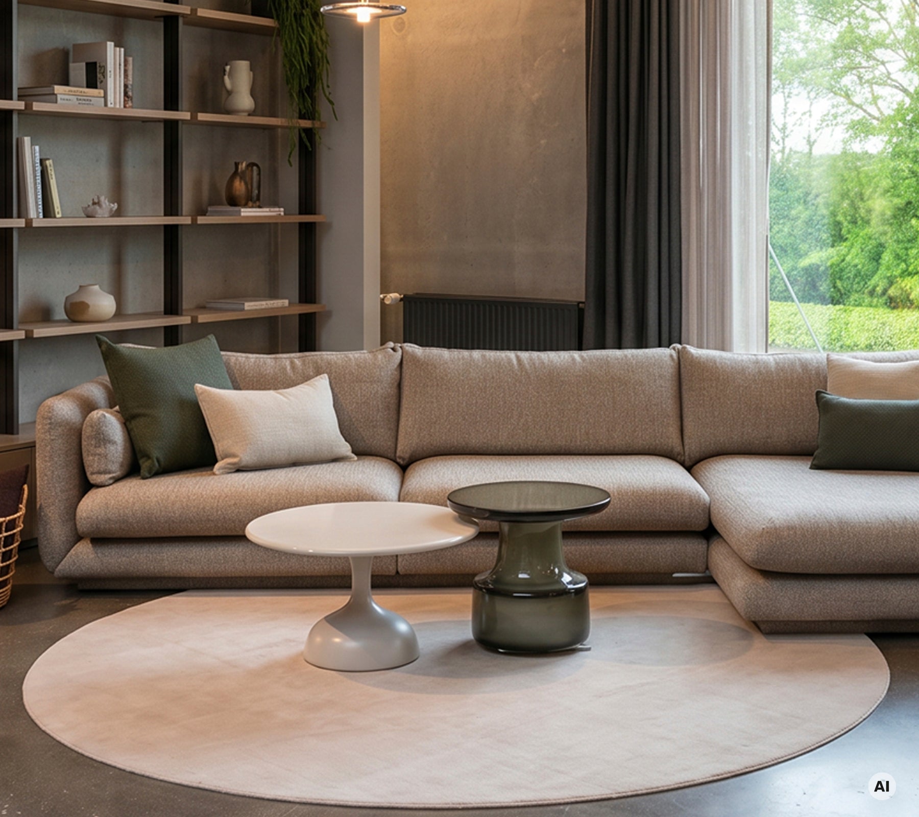 Moderne Lounge mit beigem Sofa, weißem Tisch und grünem Kissen.