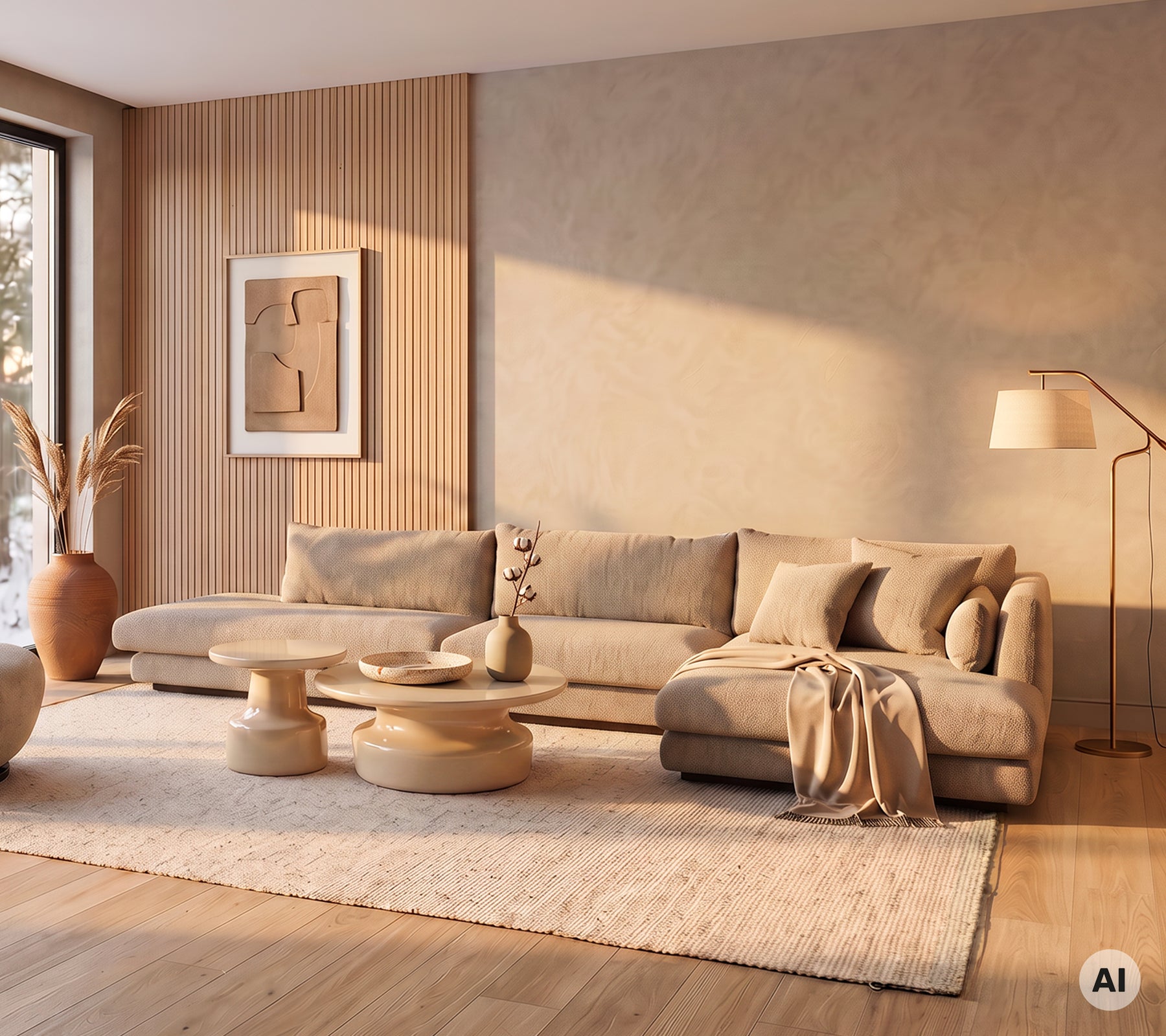Moderne Lounge mit einem beigen Sofa, einem runden Couchtisch und einem weichen Teppich.