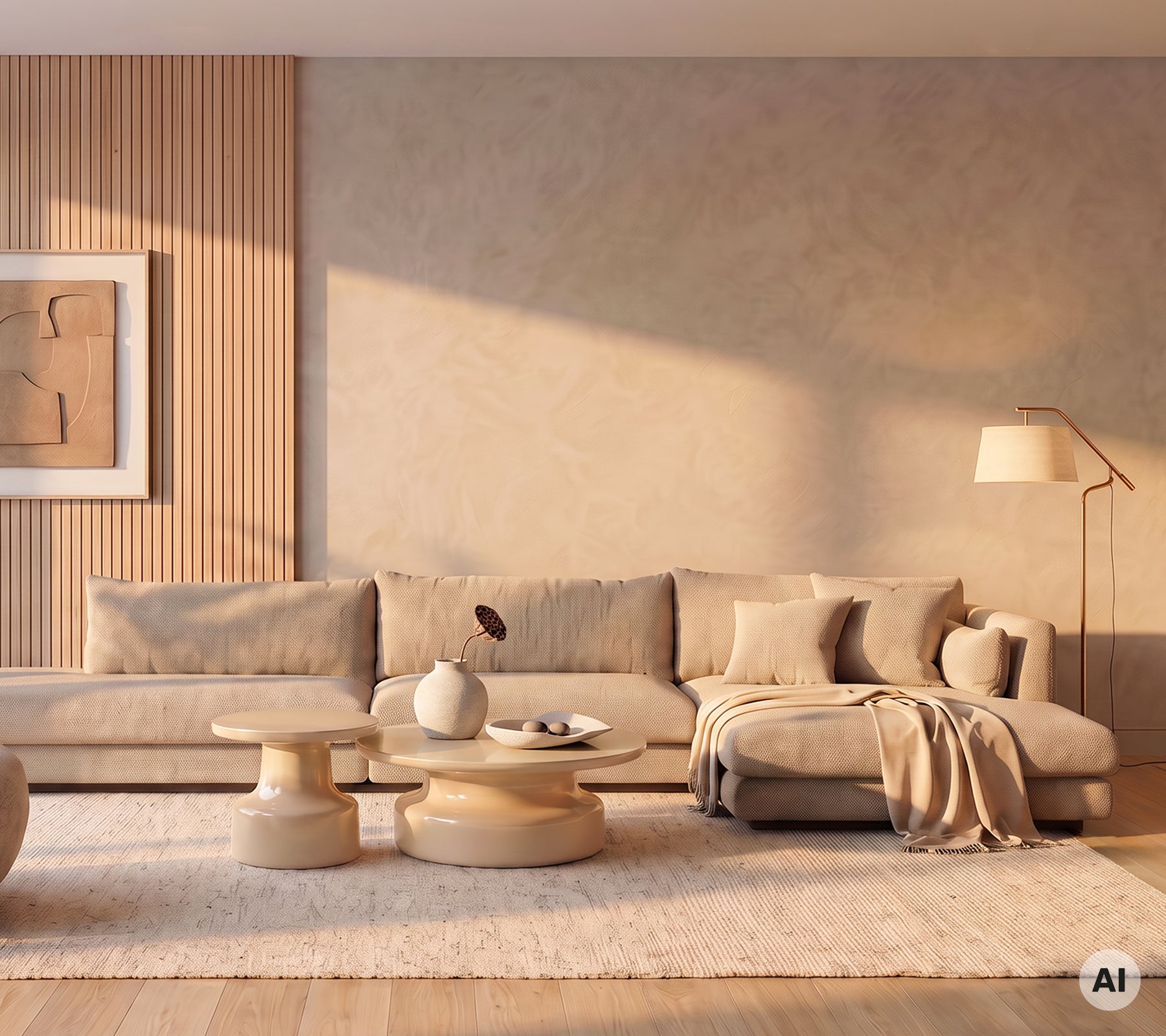 Moderne minimalistische Lounge mit einem beigen Sofamodul und einem runden Couchtisch.