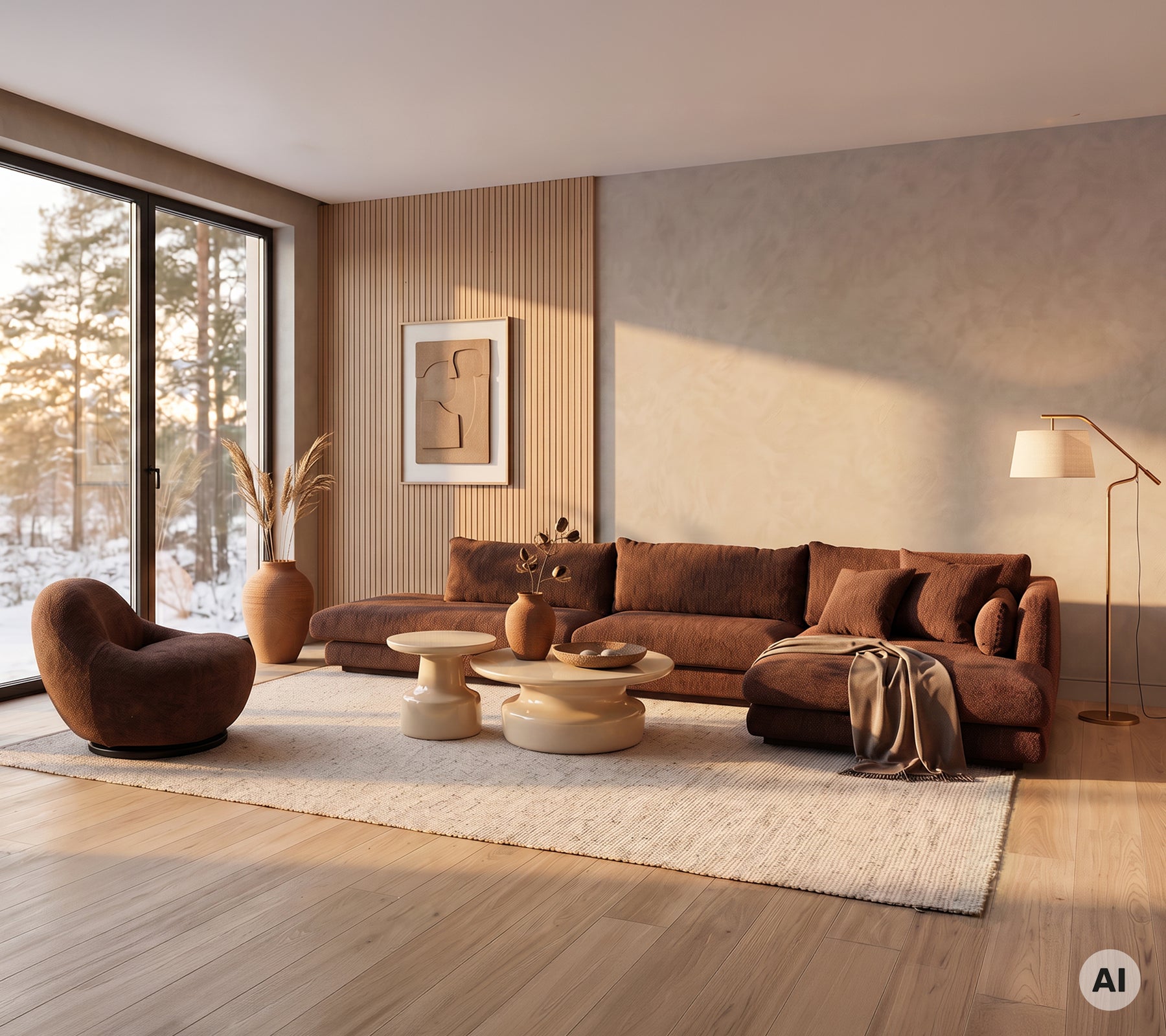 Braunes Sofa und Sessel mit einem hellen Holztisch in einem modernen Lounge-Setting.