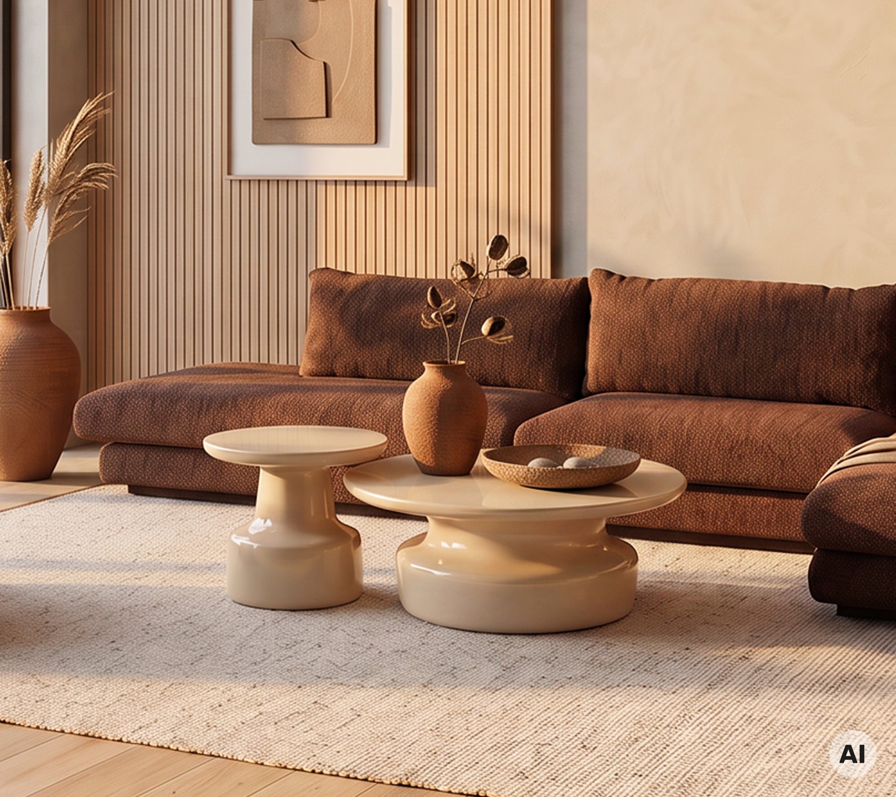Moderne Lounge mit einem braunen Sofa, beigen Couchtischen und dekorativen Vasen.