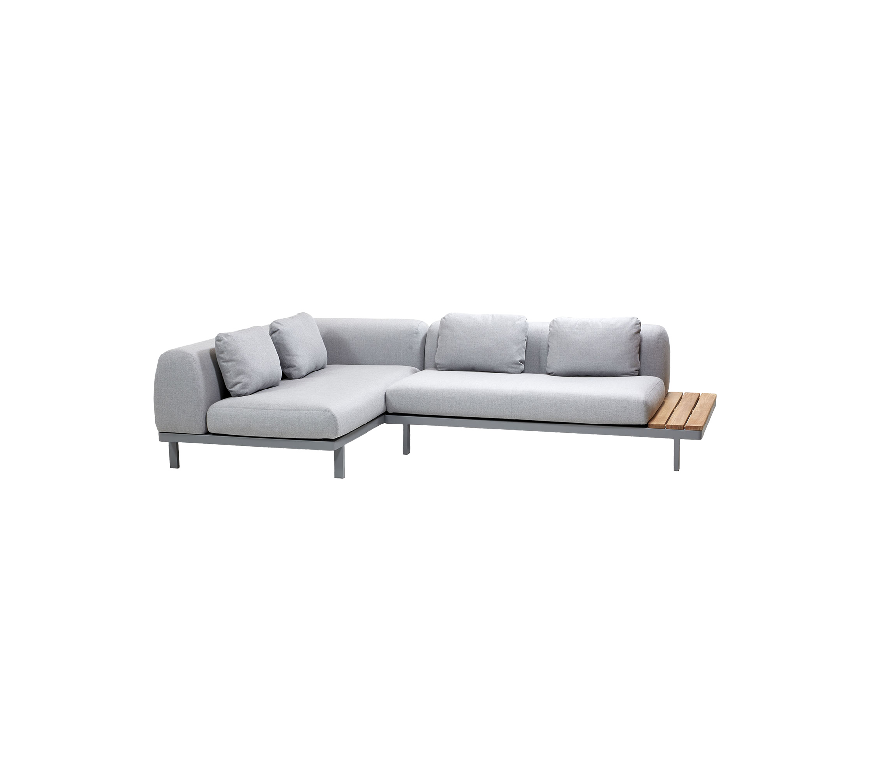 Moderne hellgraues Sectionalsofa mit weichen Kissen und einem Holzakzent-Tisch auf einer Seite. Ideal zum stilvollen Entspannen und Relaxen.