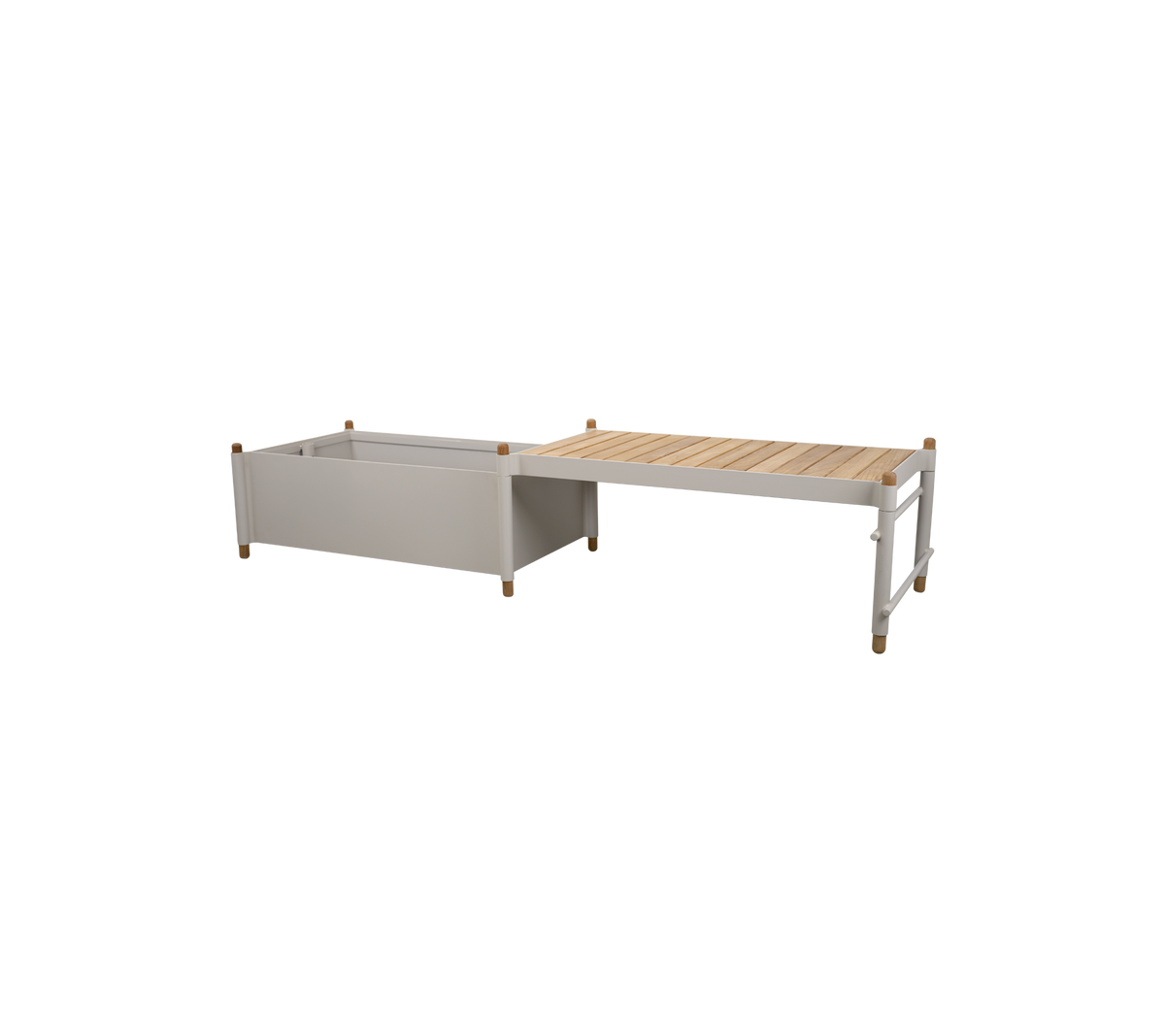 Holzkasten mit rechteckigem Design, der einen hellgrauen Behälter und eine slatted Holzoberfläche zum Pflanzen bietet.