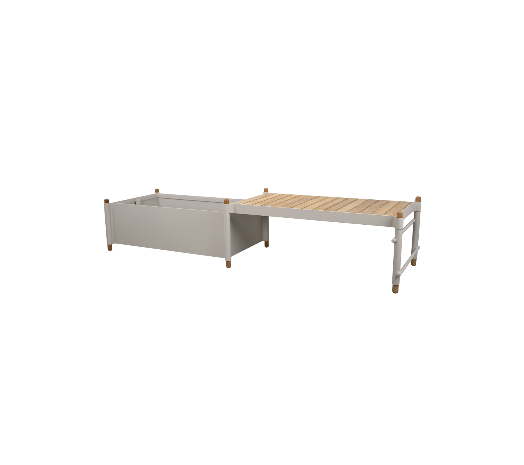 Holzkasten mit rechteckigem Design, der einen hellgrauen Behälter und eine slatted Holzoberfläche zum Pflanzen bietet.