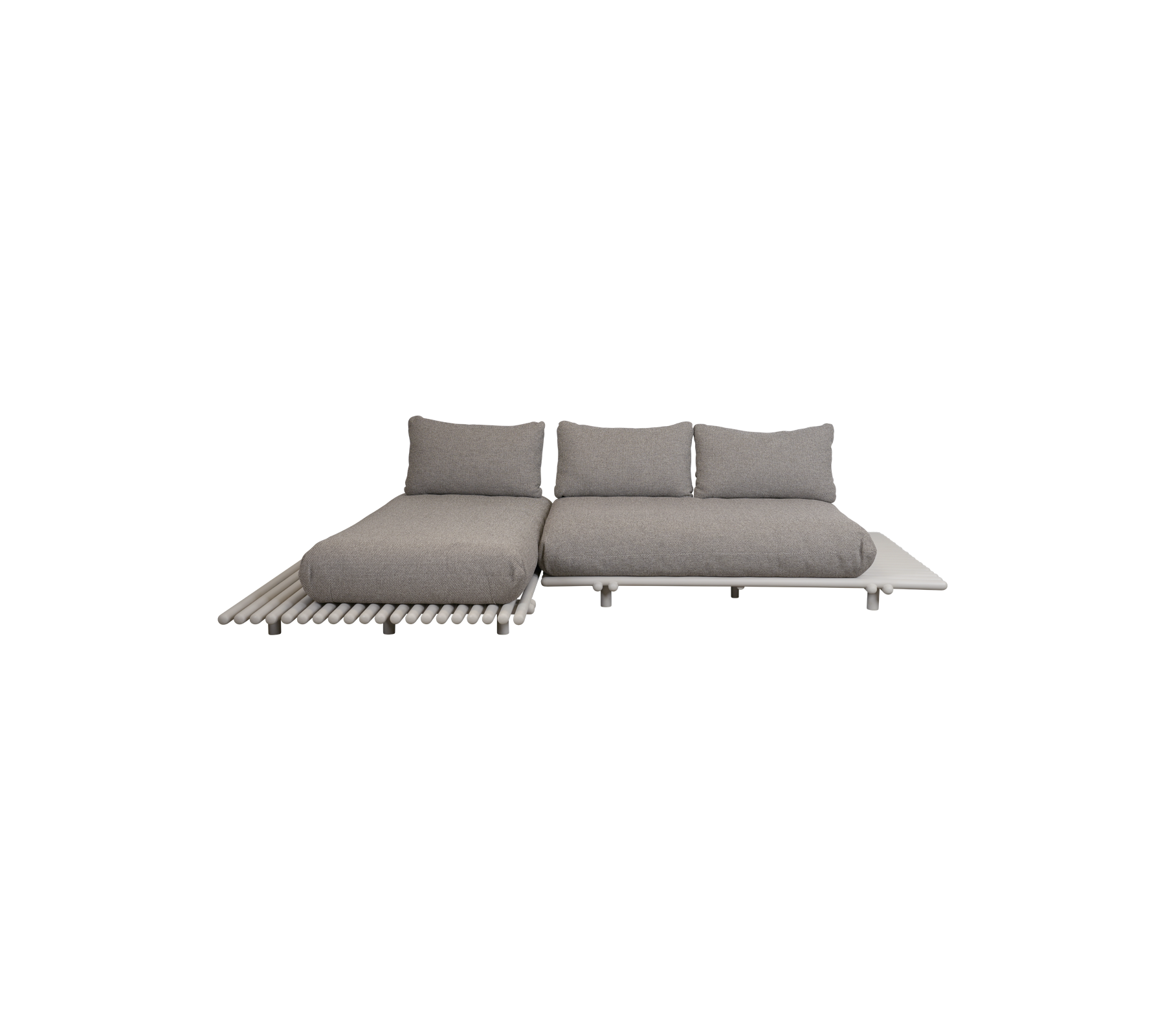 Modernes graues Ecksofa-Design mit plüschigen Kissen und einem schlanken Holzsockel, perfekt für stilvolles Entspannen oder gesellige Zusammenkünfte.