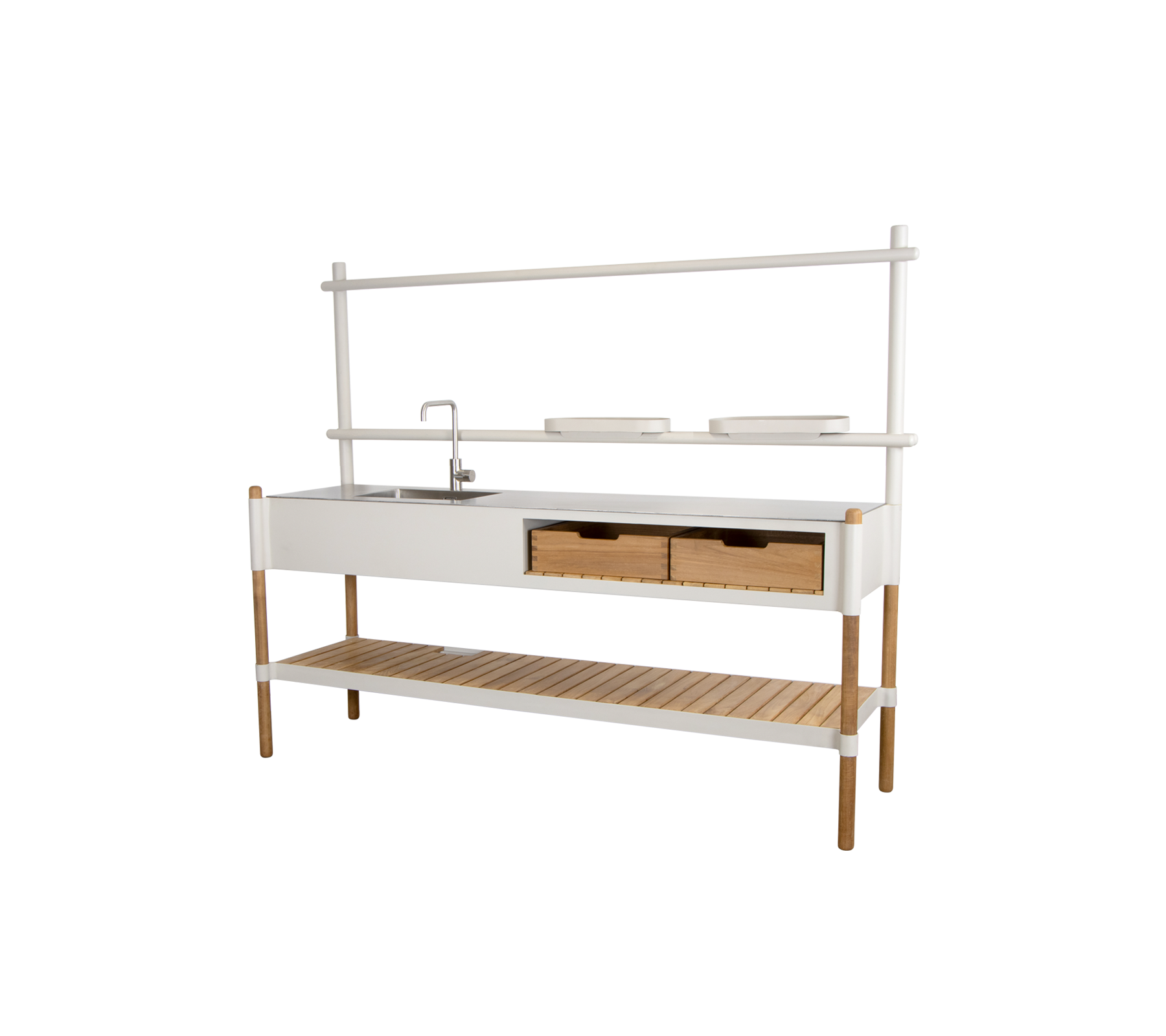Stylische Kücheneinheit mit einer Spüle, zwei Schubladen und einem offenen Regal zur Aufbewahrung, ergänzt durch ein modernes Design.