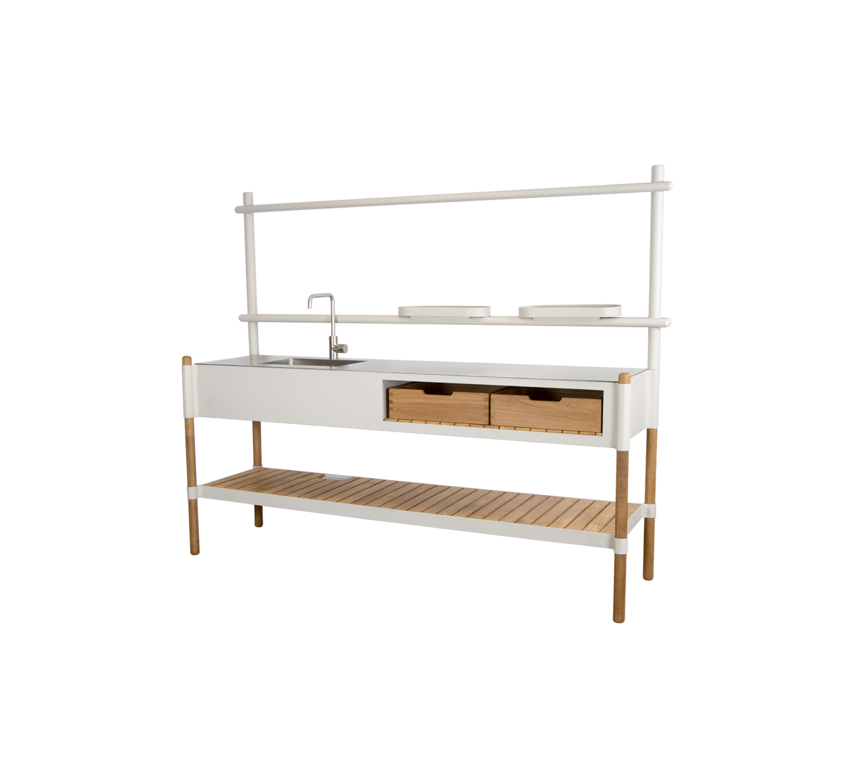 Stylische Kücheneinheit mit einer Spüle, zwei Schubladen und einem offenen Regal zur Aufbewahrung, ergänzt durch ein modernes Design.
